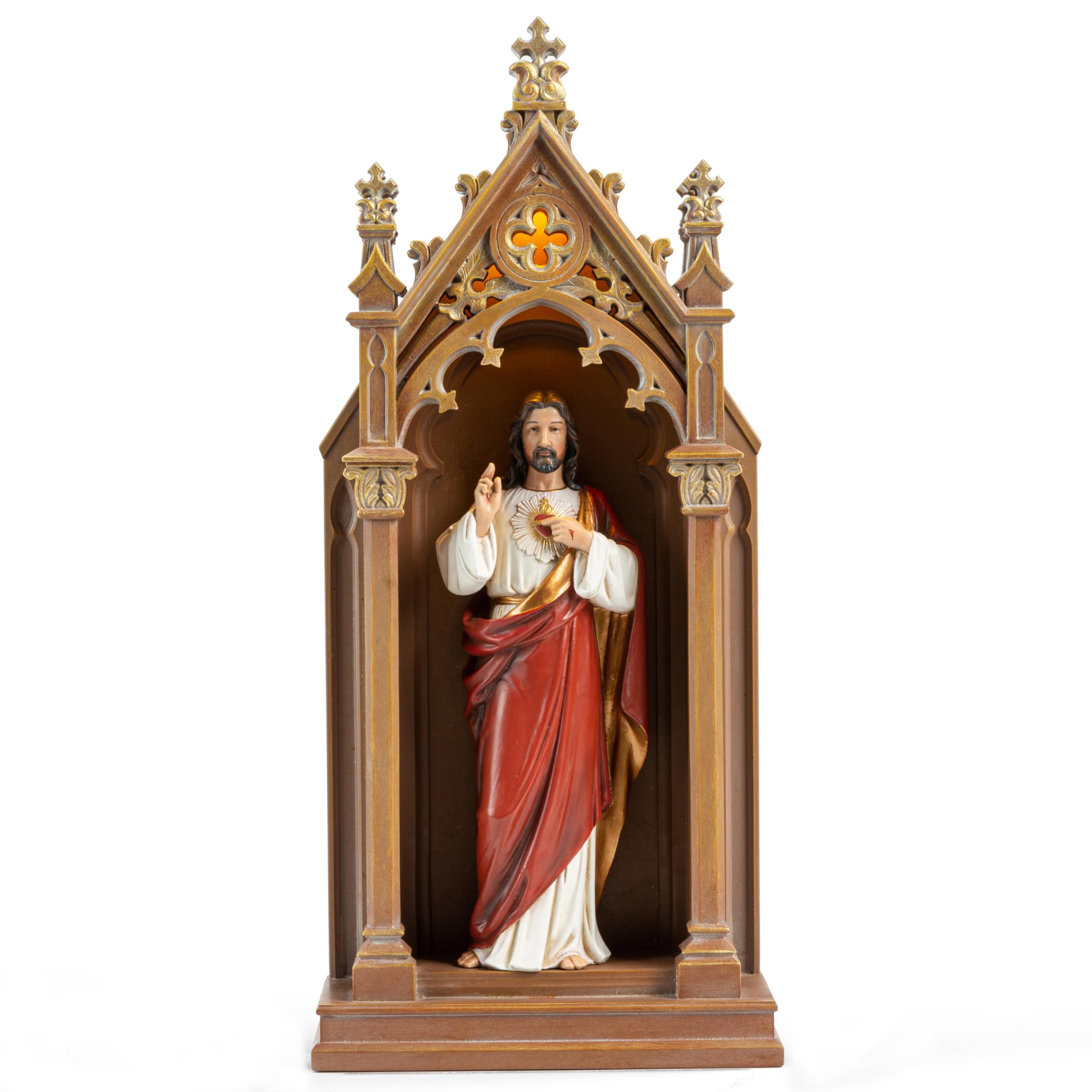 BC Catholic Sacred Heart of Jesus Statue, Jesus Christ Sculpture, 14.9" H Blessed Tabletop Shrine with LED Light, Religious Gift for Father's Day, Renaissance Sculpture Handmade by Buildclassic