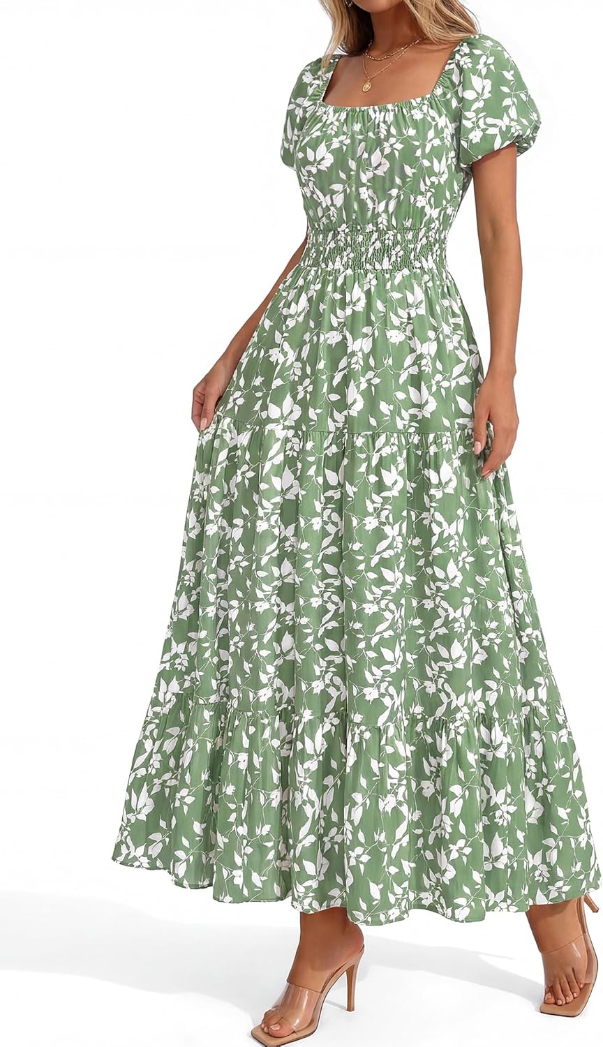 BTFBM Summer Dress for Women 2026 Spring Floral Short Sleeve Square Neck Casual Flowy A-Line Smocked Tiered Maxi Dresses - Image 5