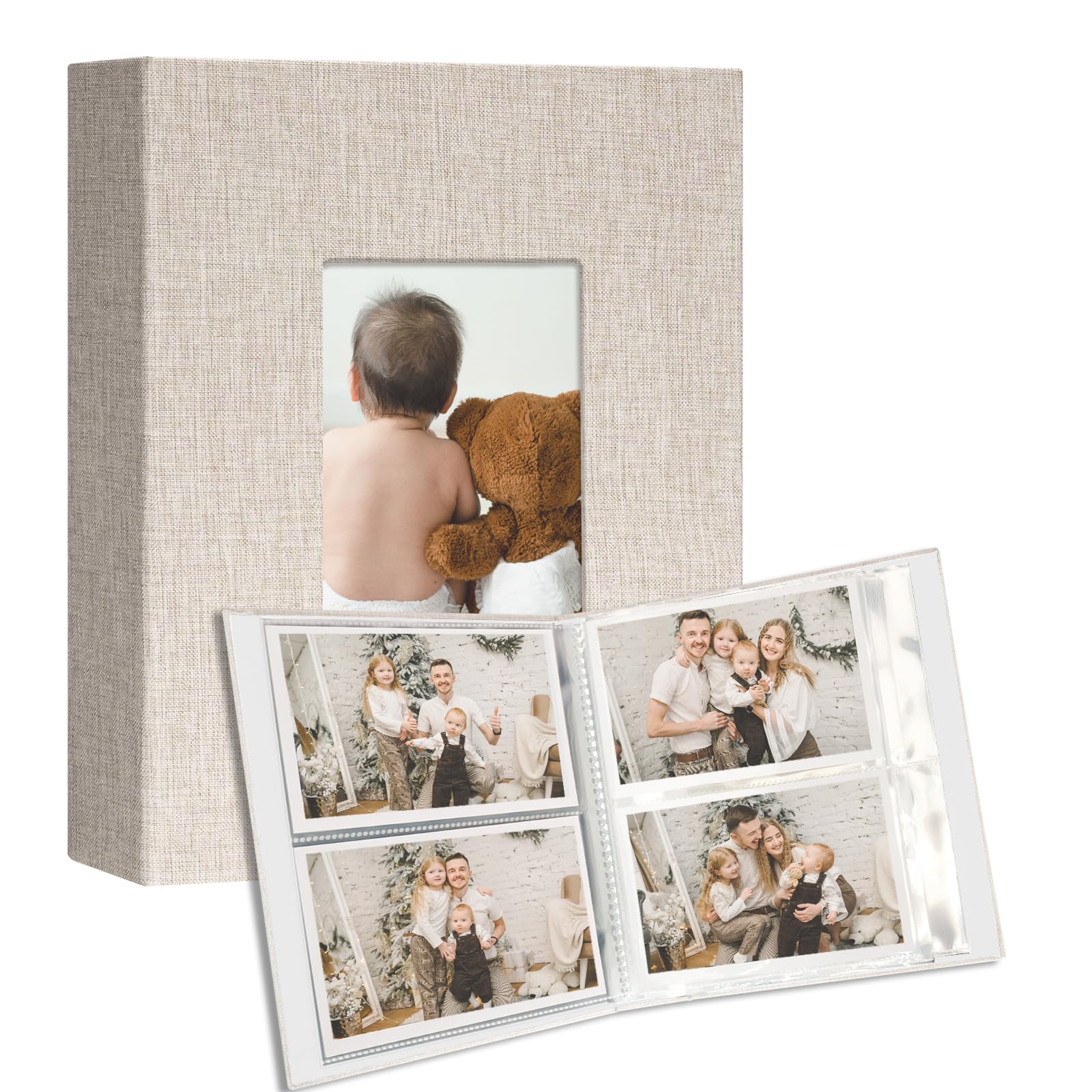 Vienrose Album fotograficzny 10 x 15 cm, 2 sztuki, 50 stron na 100 zdjęć, beżowy | Cubierta de lino, Mini álbum con ventana personalizable para viajes, bebé, body y recuerdos.