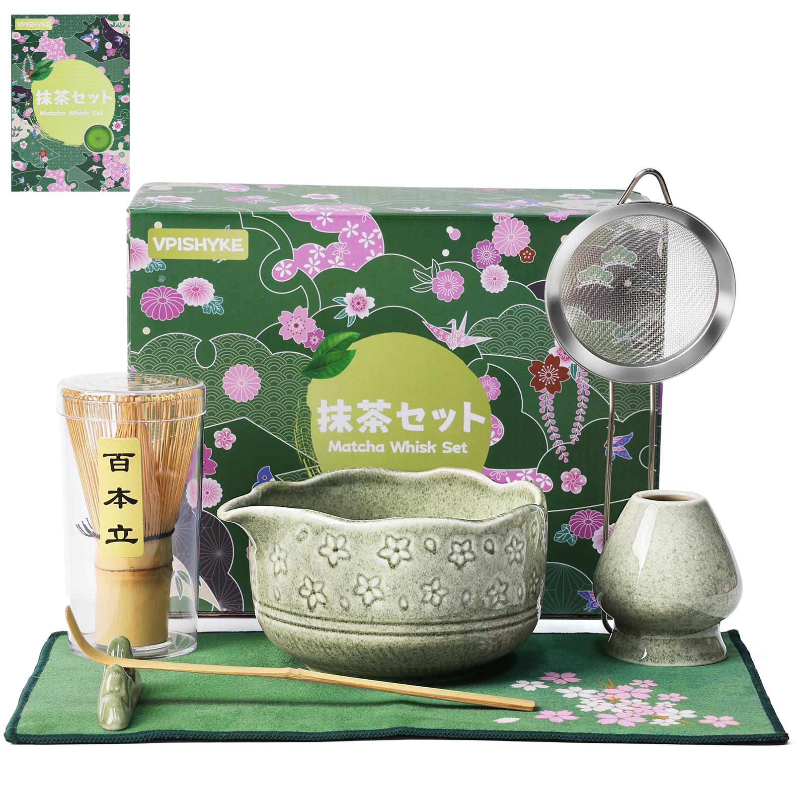 VPISHYKE Matcha Set, Matcha Tea Set 7-teiliges traditionelles Tee-Set mit Bambusbesen, Schale, Sieb & Zubehör – Perfekt für Matcha-Liebhaber（Dunkelblau）