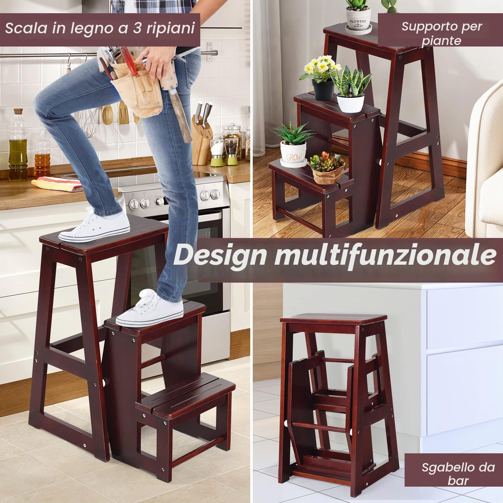 GIANTEX 2 in 1 Scaletta e Sgabello Legno, Sgabello Scala Pieghevole, a 3 Gradini, Portata di 150 kg, Richiudibile e Salvaspazio, Ideale per Soggiorno/Studio/Ufficio, 38,5x57x66 cm, 2 Colori