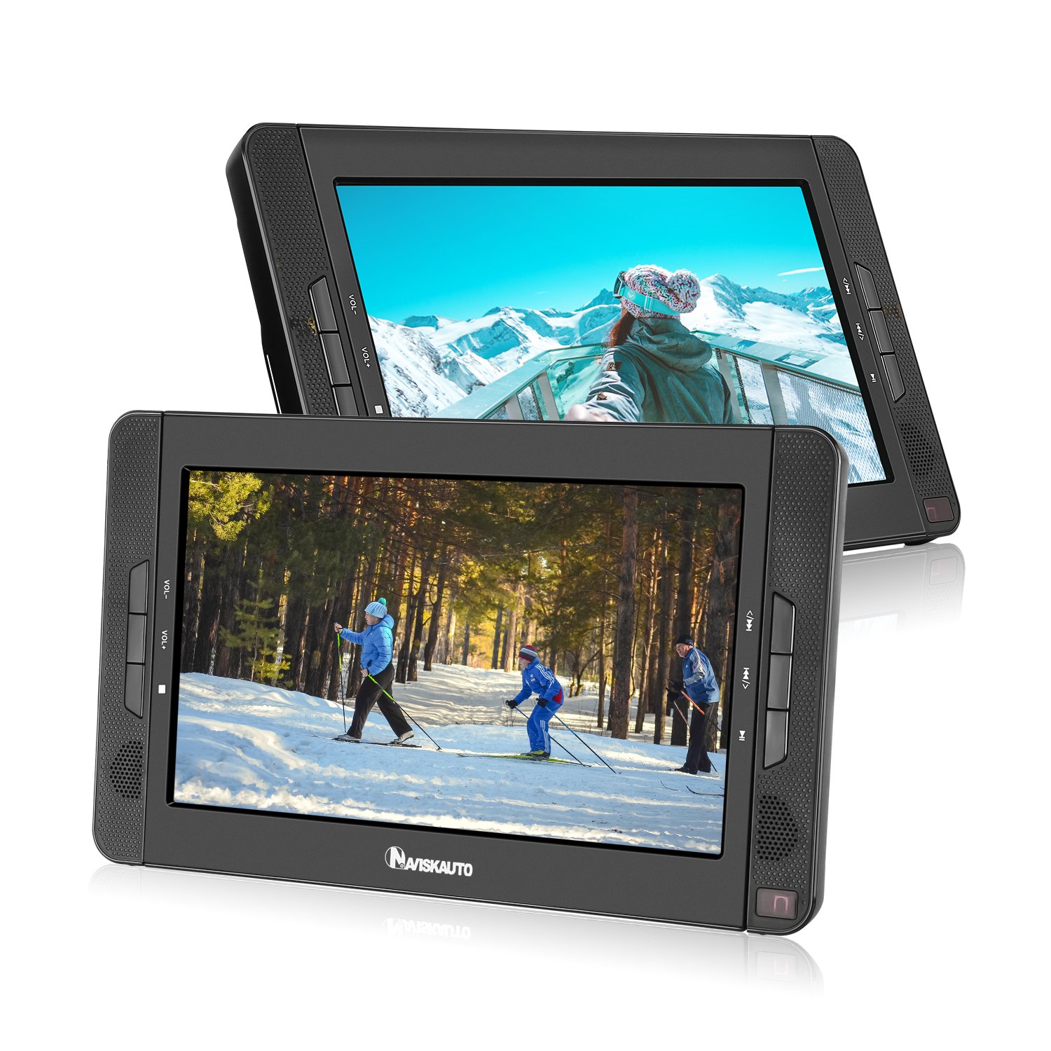 NAVISKAUTO 10,1" DVD Player für Auto Tragbarer DVD Player 1080P HD TFT Bildschirm FM Kopfstütze Monitor Memory HDMI SD USB mit IR Kopfhörer 12V (Doppel Player)
