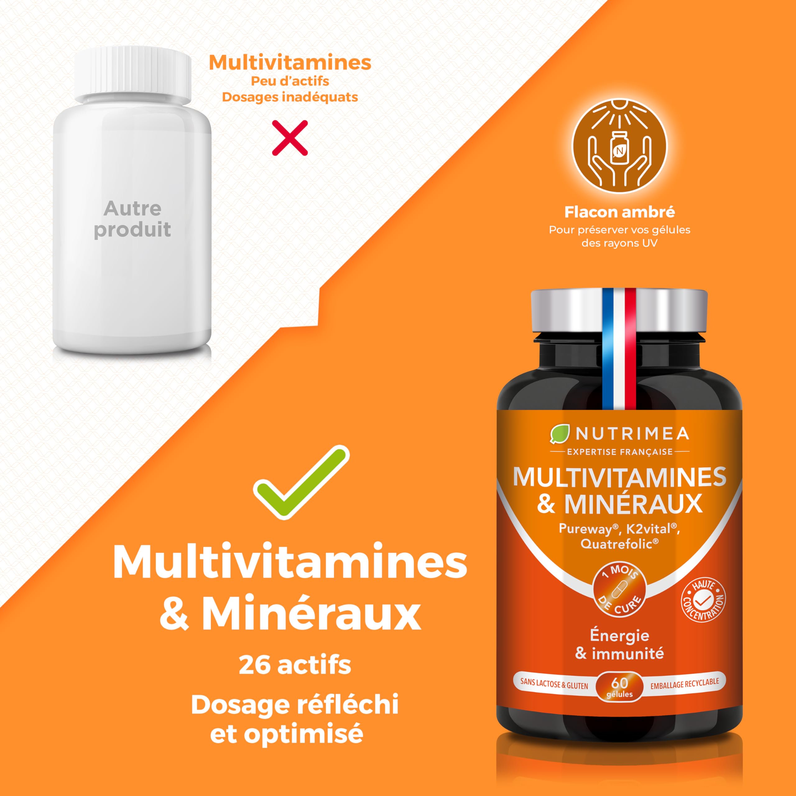 Multivitamines et Minéraux – 26 Nutriments - Vitamines A, B, C, D, E, K + Fer, Chrome, Magnésium & Zinc + Choline, Lutéine & Ginseng - Energie, Vitalité, Puissance - Fabrication Française - Nutrimea