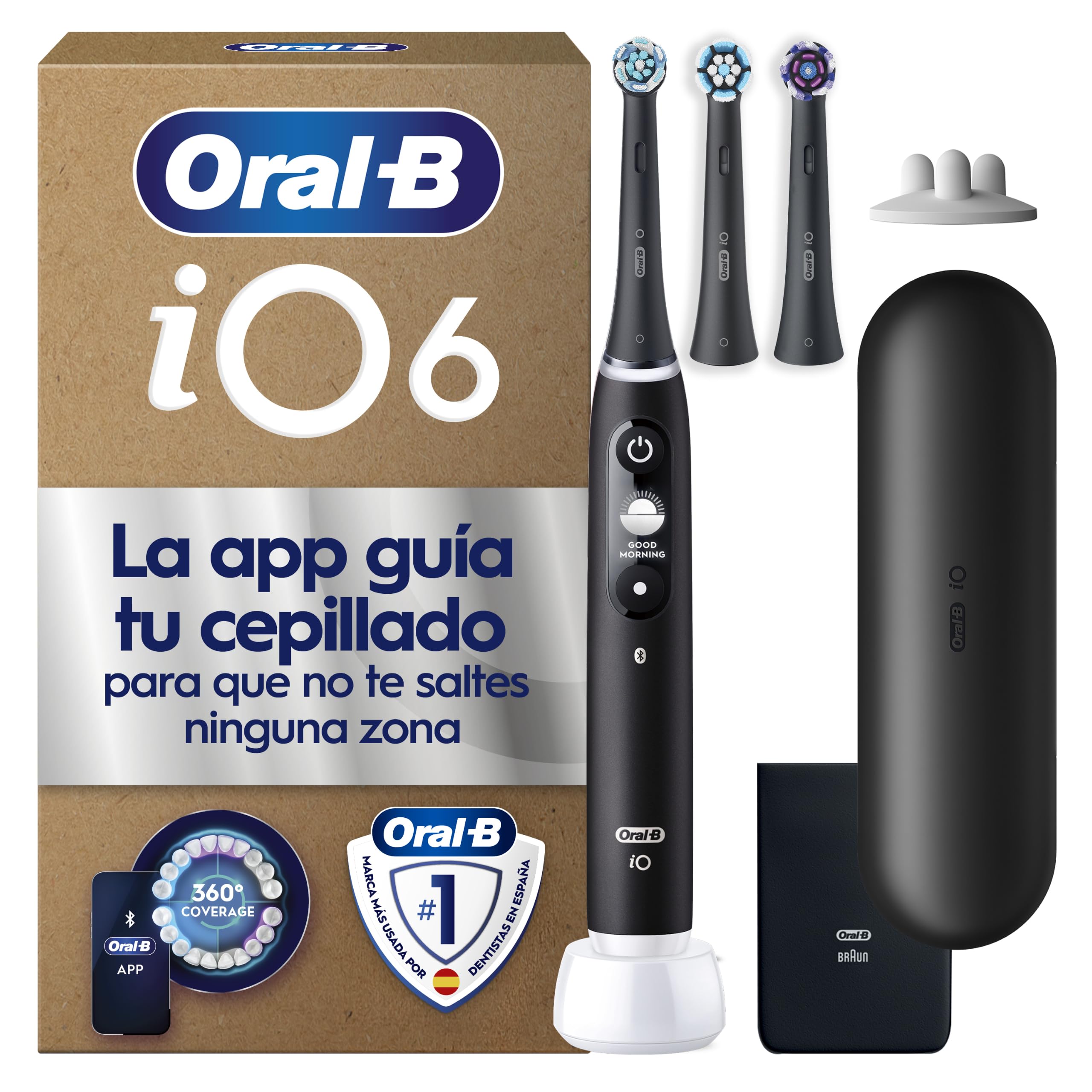 Oral-B iO 6 Cepillo de Dientes Eléctrico, con 3 Cabezales, Negro - Cepillo Dental con Sensor de Presión, 5 Modos de Cepillado con Blanqueamiento Dental, 1 Estuche de Viaje, Batería de Larga Duración