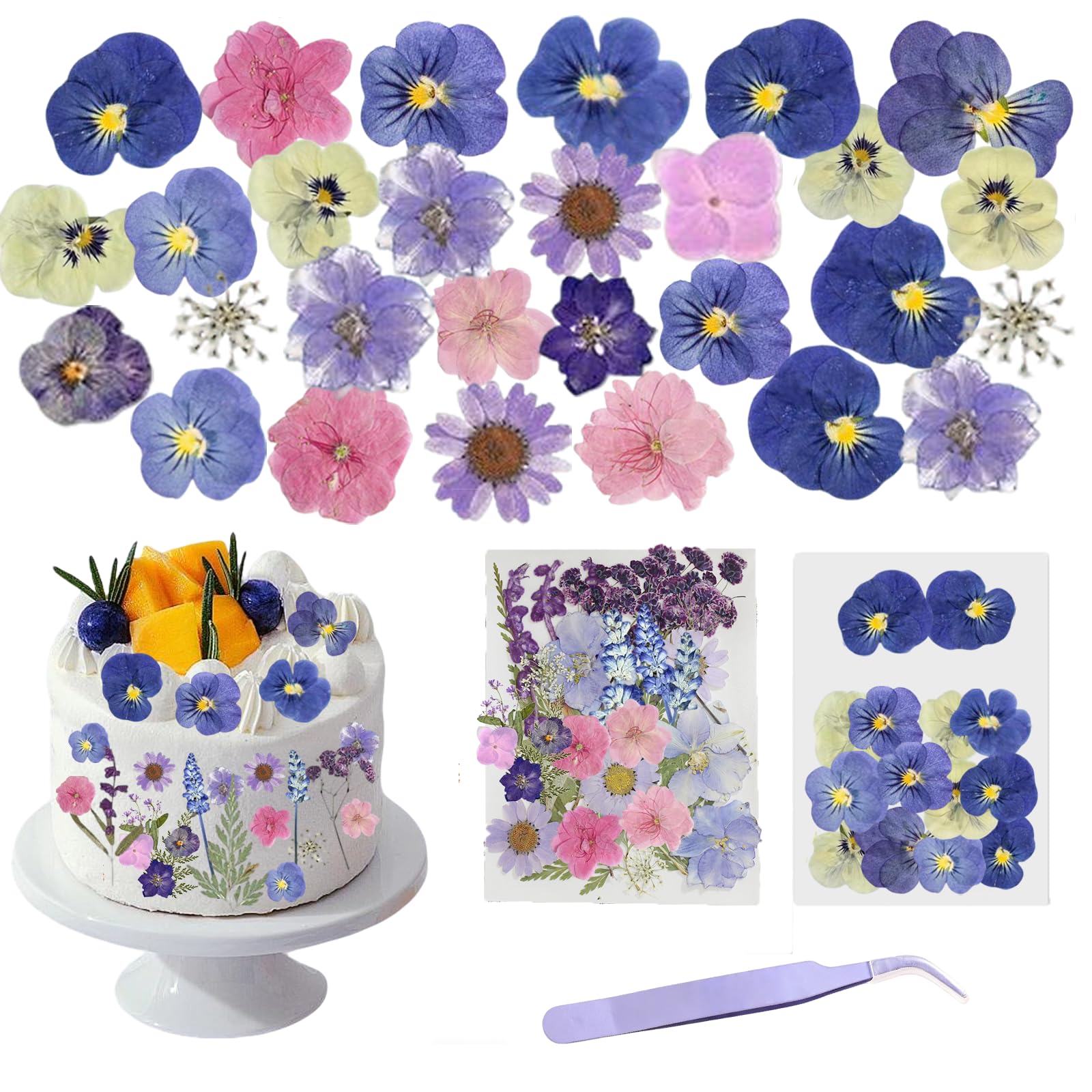 40 Pcs 14 Types of Dried Flowers For Cakes Natural Pressed Flowers Cake Decorations Cake Toppers-Mix of Tricoloured Violas for Cupcake Toppers, Cocktails, DIY Crafts