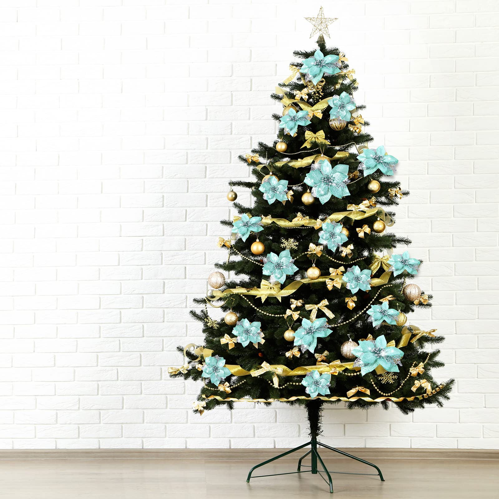 Geosar Lot de 72 Fleurs de Poinsettia artificielles à Paillettes - 3 Tailles - Décoration de Noël pour Sapin de Noël, Nouvel an (Vert Menthe)