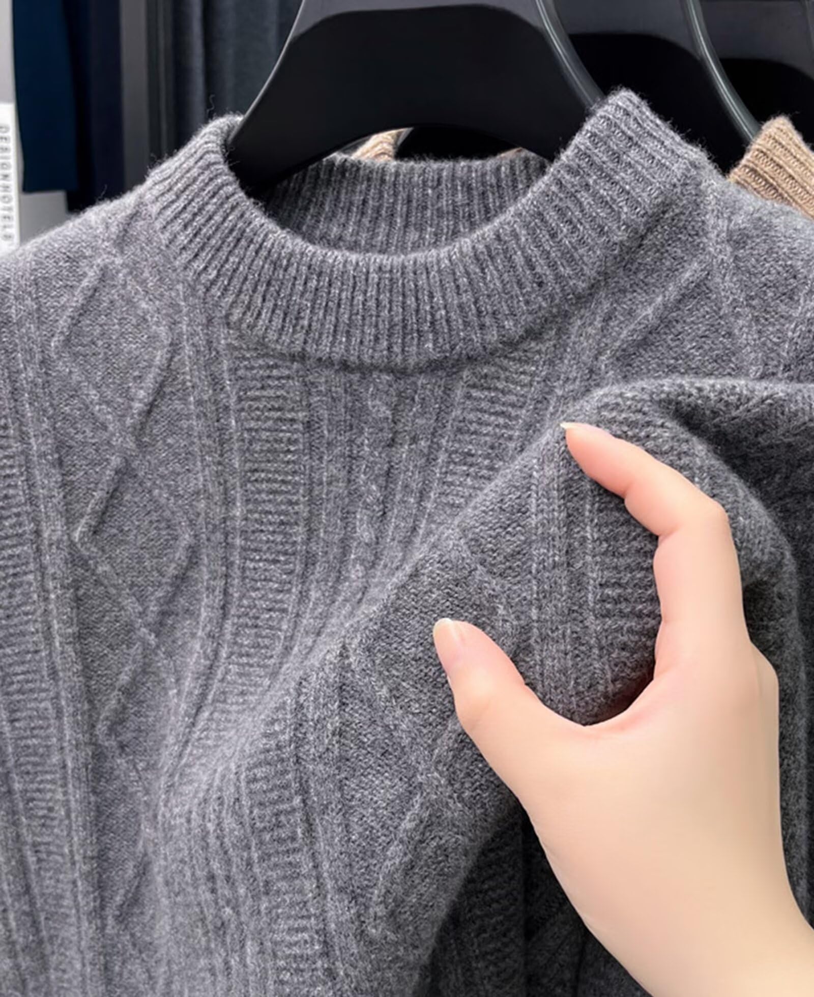 HNVAVQ Maglione Uomo 100% Cashmere a Trecce Girocollo Classico Maglieria Invernale Traspirante