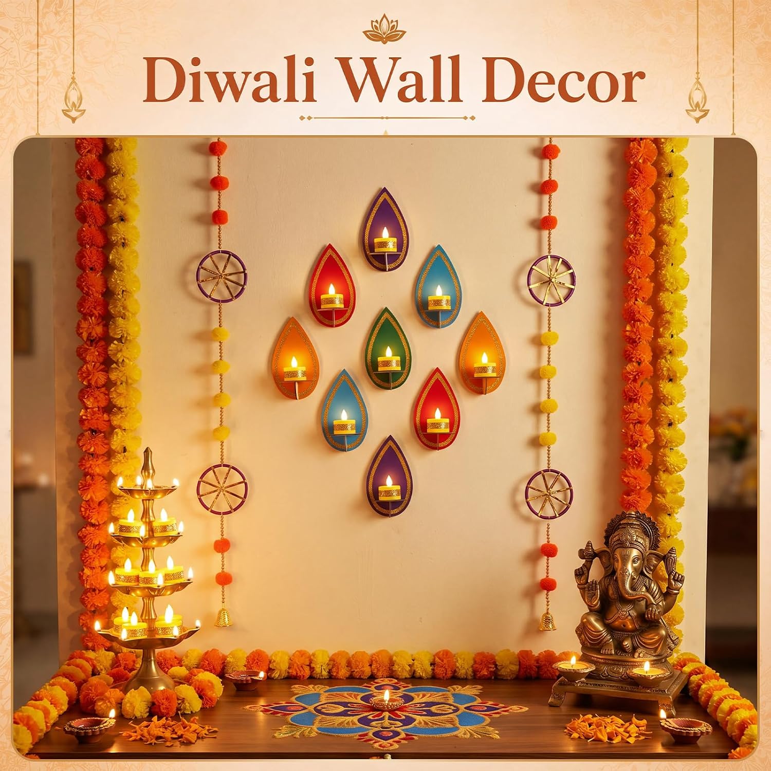 Mumufy 9 Set Diwali Wall Tealight Candle Holders with 2 Bead Garlands