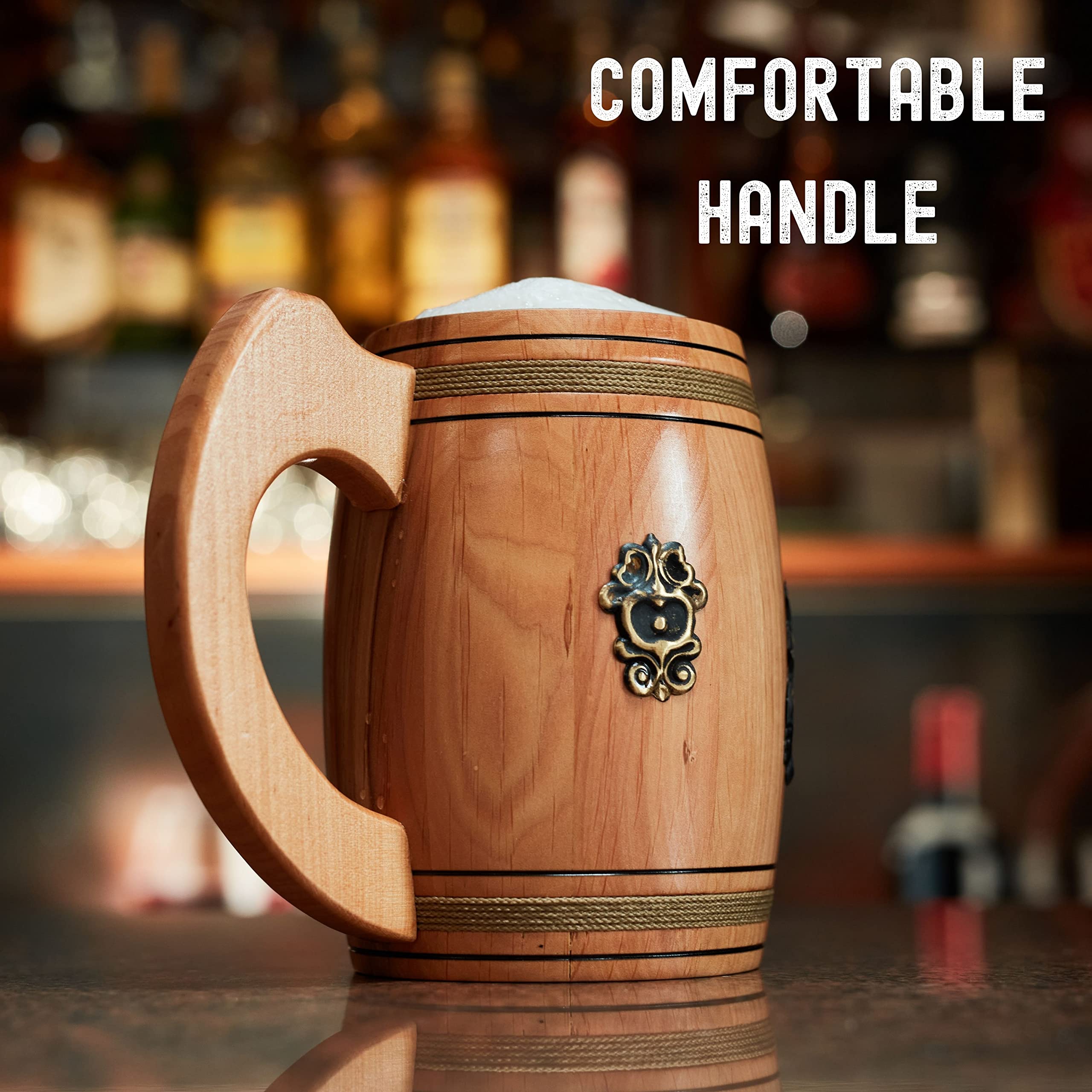NOVECRAFTO Tasse à bière en bois, capacité de 0,5 l, style rustique, médiéval, anti-fuite, réutilisable, cadeau pour lui, tasse viking fabriquée à la main, chêne véritable, couleur marron clair