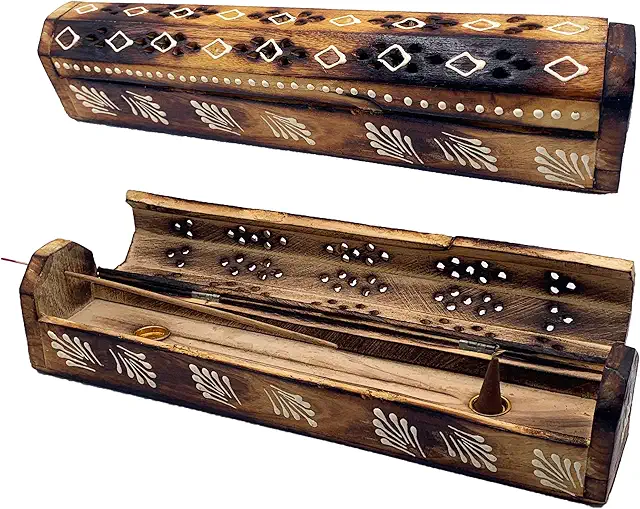 Boîte à encens en bois décorée à la main - Design chevrons blancs - 30,5 cm