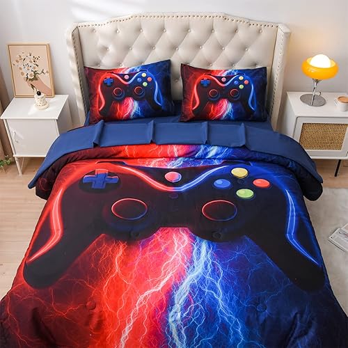 Miniatura 7 de Meeting Story Juego de ropa de cama para videojuegos de videojuegos juego de edredón con estampado de rayos rojos y azules para niños consola de