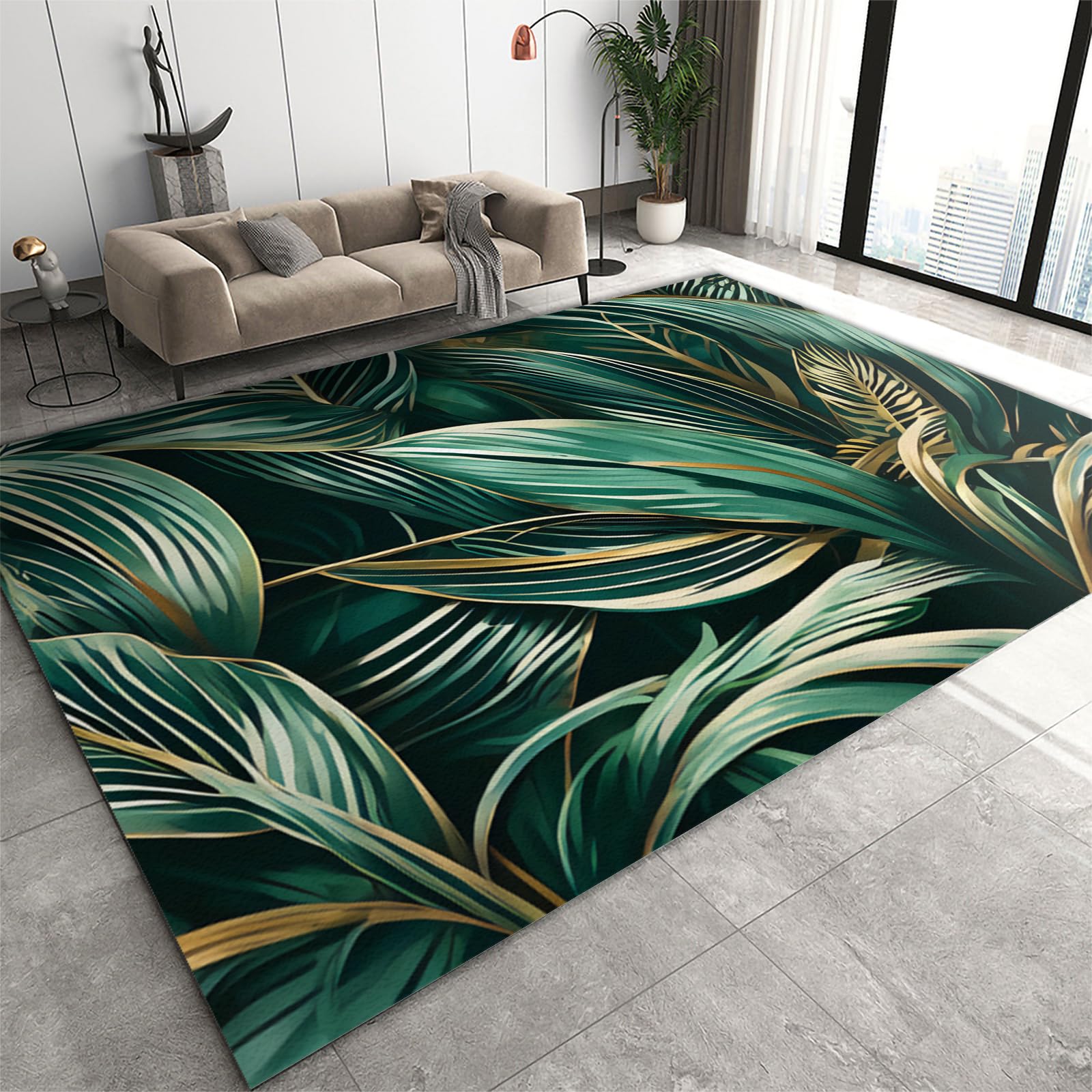 Green Leaf Plant Area Rug, Modern Fresh Bedroom Rugs, Non Slip Carpet Soft Comfort for Living Room Dining Room Bedside Laundry Room Under Kitchen Table Apartment Entry Hallway Office-70 x 140 cm