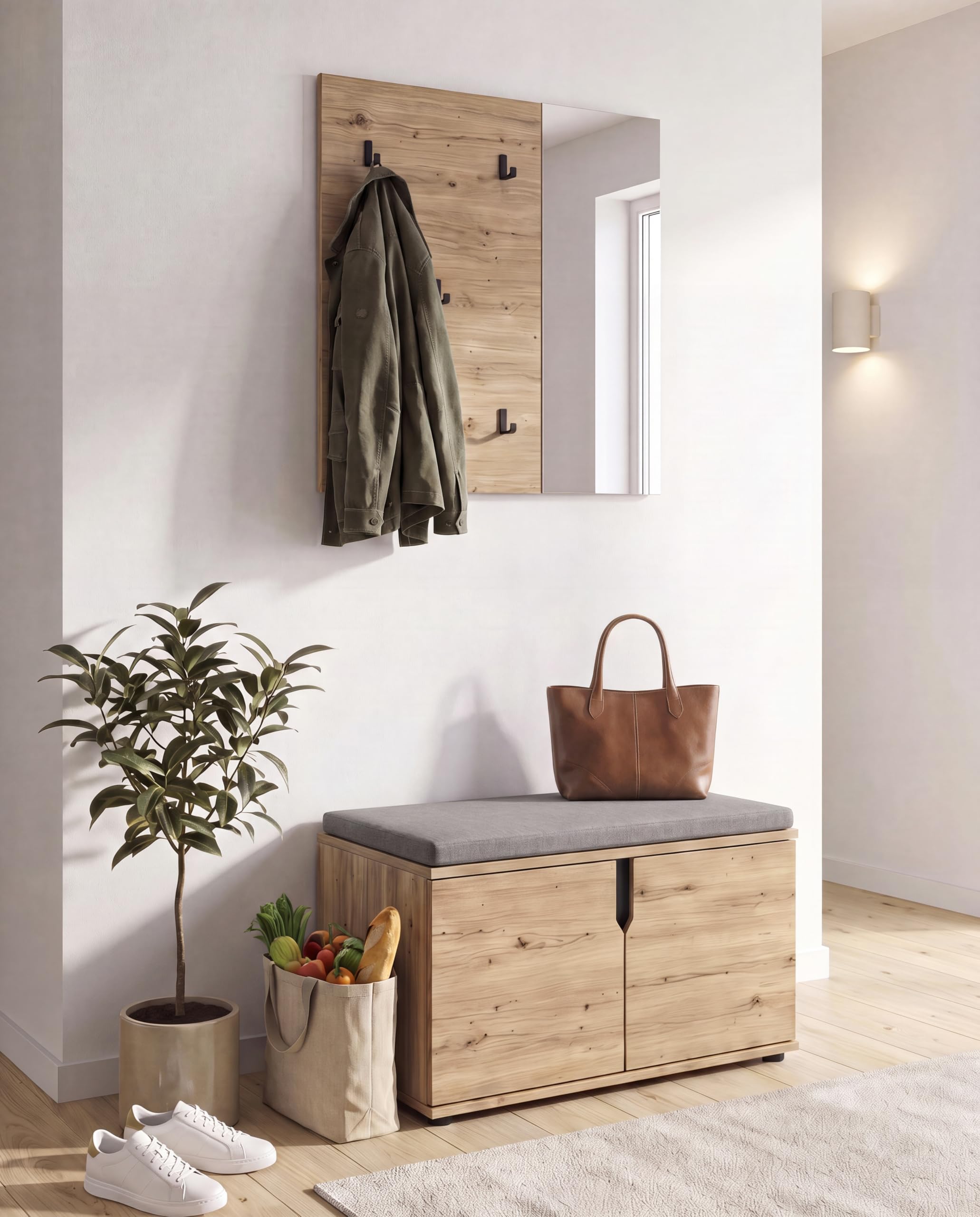 xonox.home - Keno Artisan - Armadio combinato da 2 pezzi, rovere melammina | Composto da pannello appendiabiti, panca con cuscino per cuscini, molto spazio per il corridoio ordinato