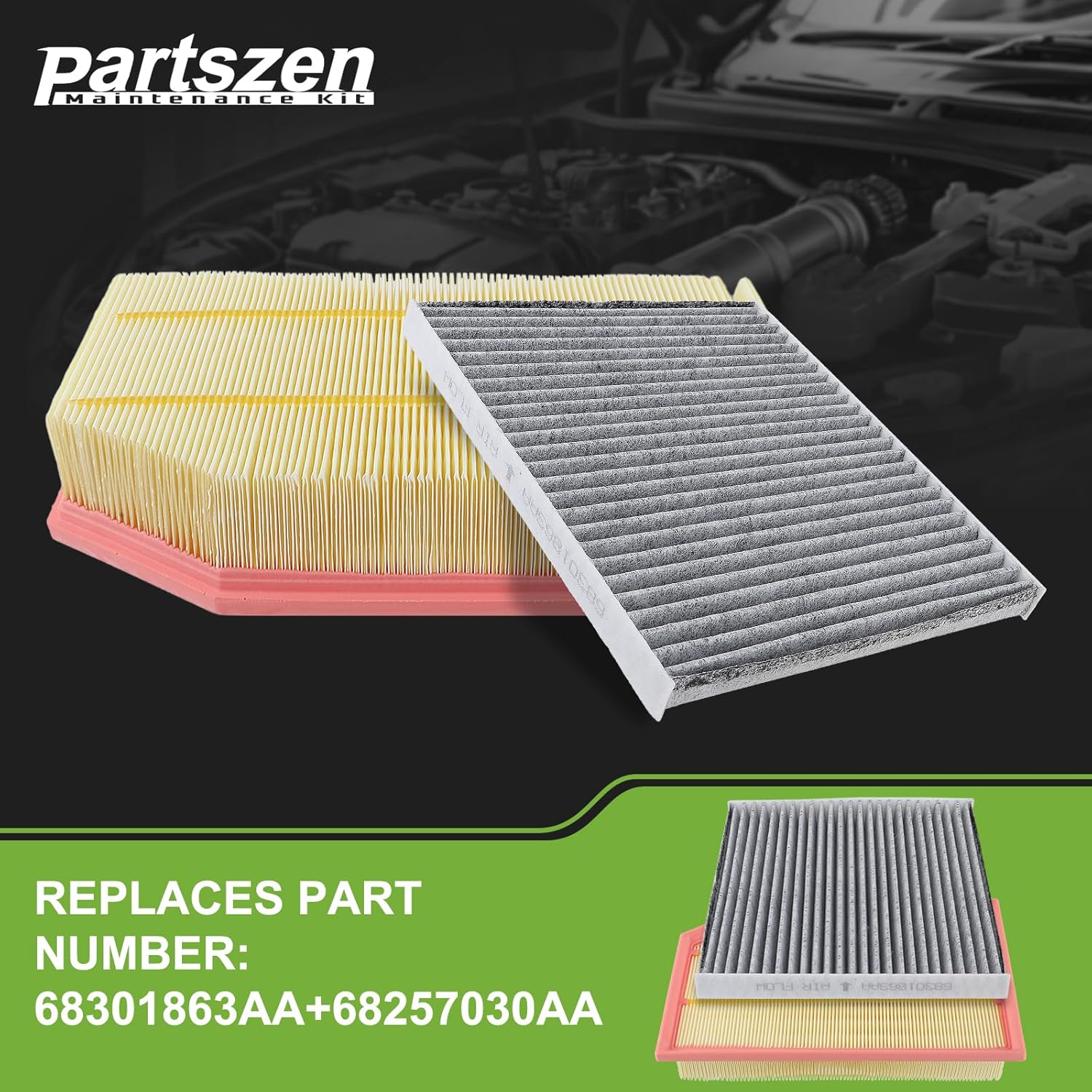 Engine Air Filter & Activated Carbon Cabin Air Filter Fit for Jeep Wrangler 2.0L 3.6L 2018-2024, Gladiator 3.6L 2020-2023 Replace 68257030AA 68301863AA