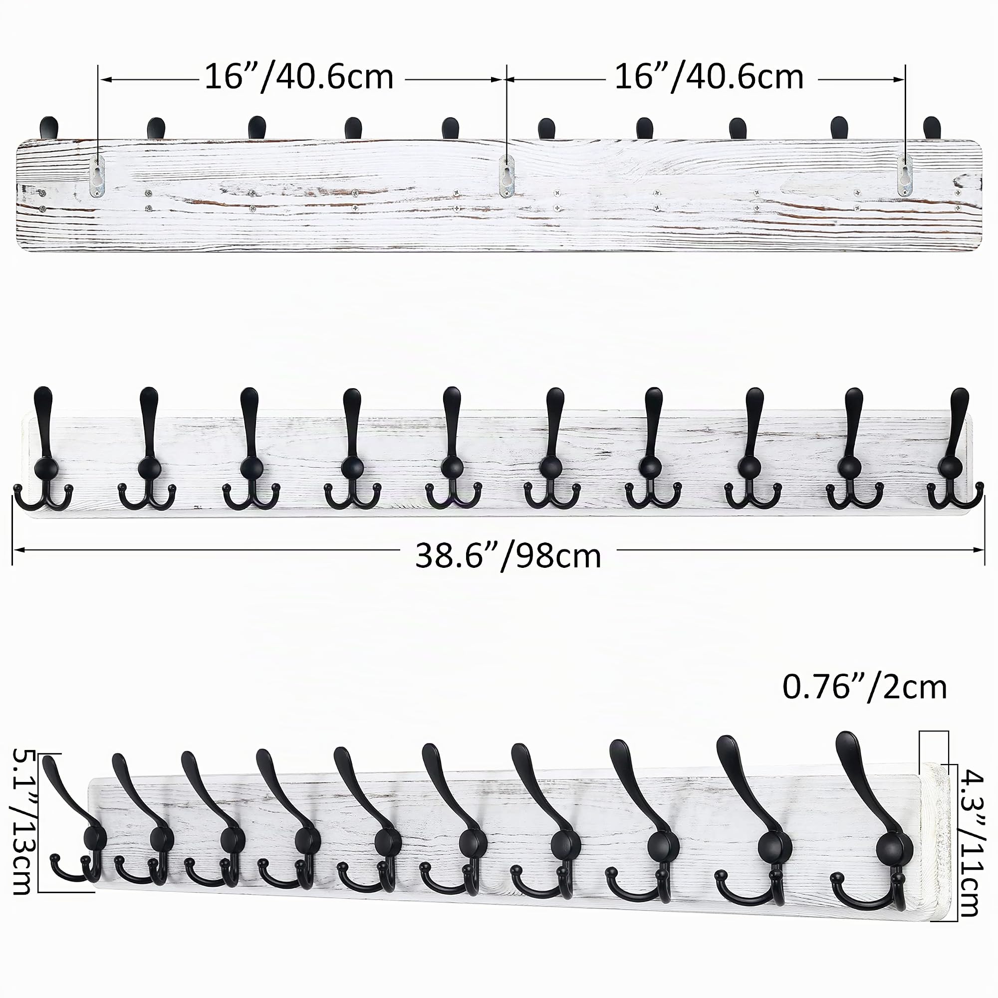 SKOLOO Appendiabiti a parete per ingresso - Stile casale - 10 Ganci Tripli - 97 cm - Appendiabiti da parete legno per Appendere Cappotti Sciarpe, zaini e Altro