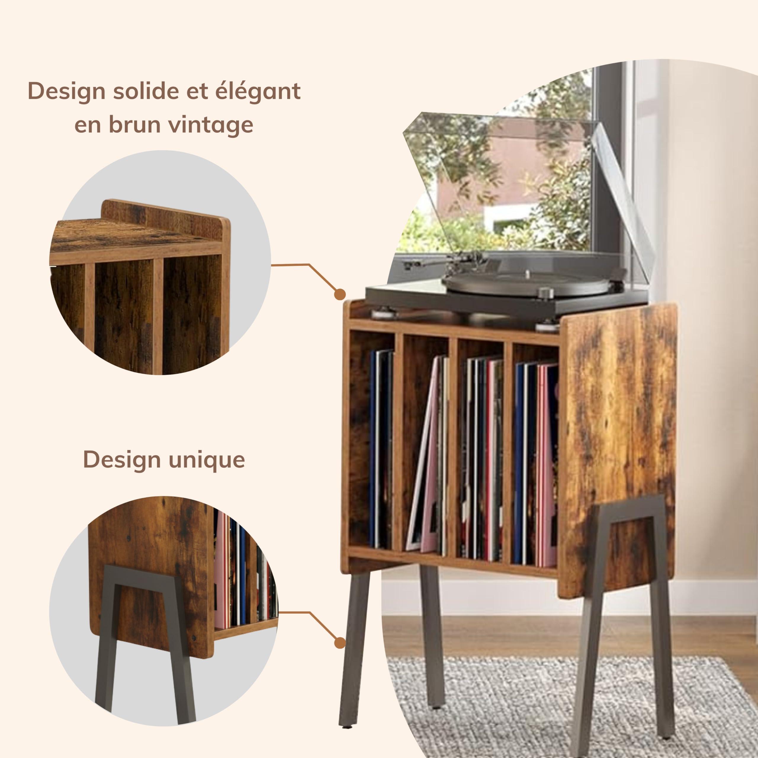 ACAZA Meuble Vinyle - pour Platine Tourne Disque et Albums Vinyles - 66 x 38.5cm - Design Bois MDF et Métal - Brun Vintage (Brun Vintage)