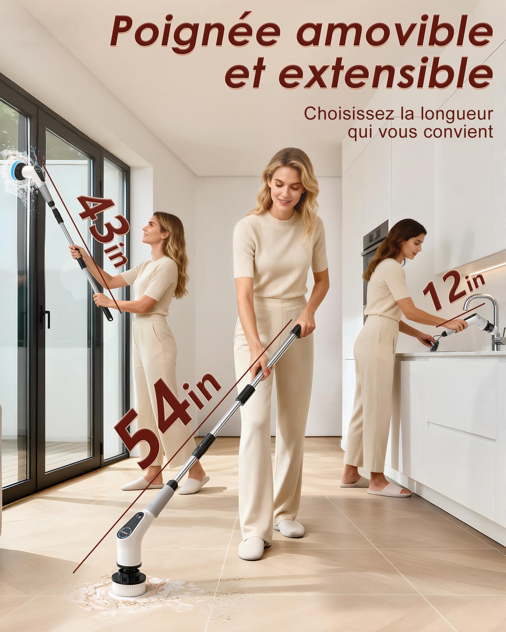 Brosse de Nettoyage électrique Rotative, Brosse de Douche avec 8 Têtes de Brosse Remplaçables, Electric Spin Scrubber avec Manche Extensible, 2 Vitesses Réglables, pour Baignoire, Coulis, Carrelage