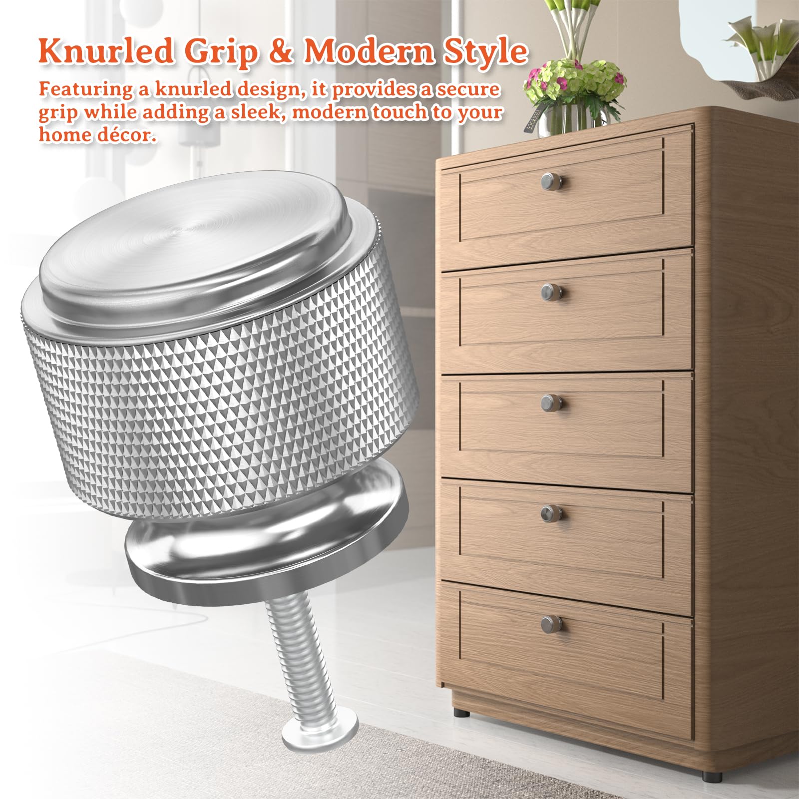 FURNIWARE 10 Pack Brushed Satin Nickel Knurled Cabinet Knobs, 25mm Single Hole Handle, Silver Kitchen Cupboard Pulls - Image 3