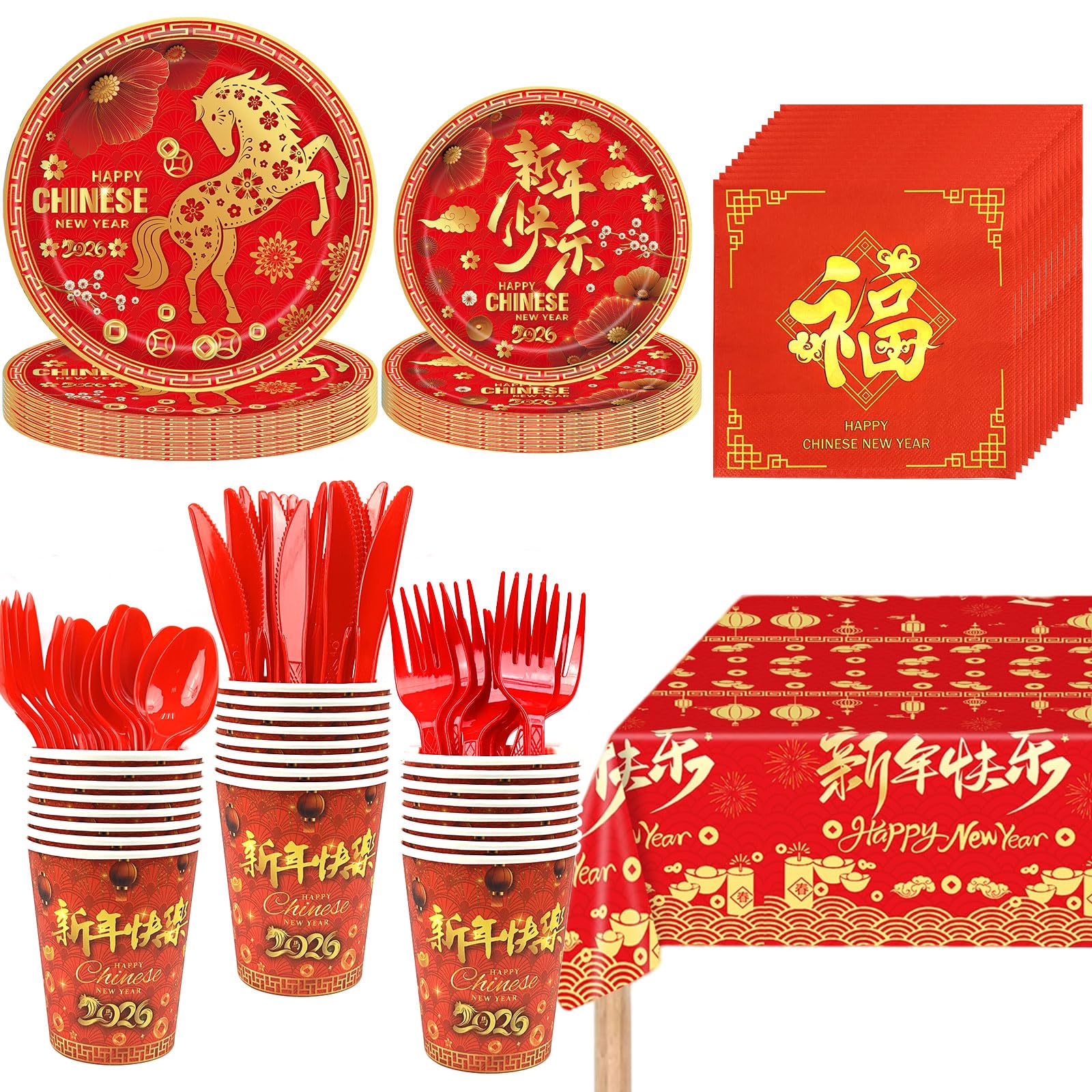 176Pcs Chinese New Year Paper Plates & Napkins Sets,Chinese New Year Dinnerware Sets Including Cups Plastic Cutlery Disposable Tablecloth for Lunar Years Supplies Decor,Serves 25