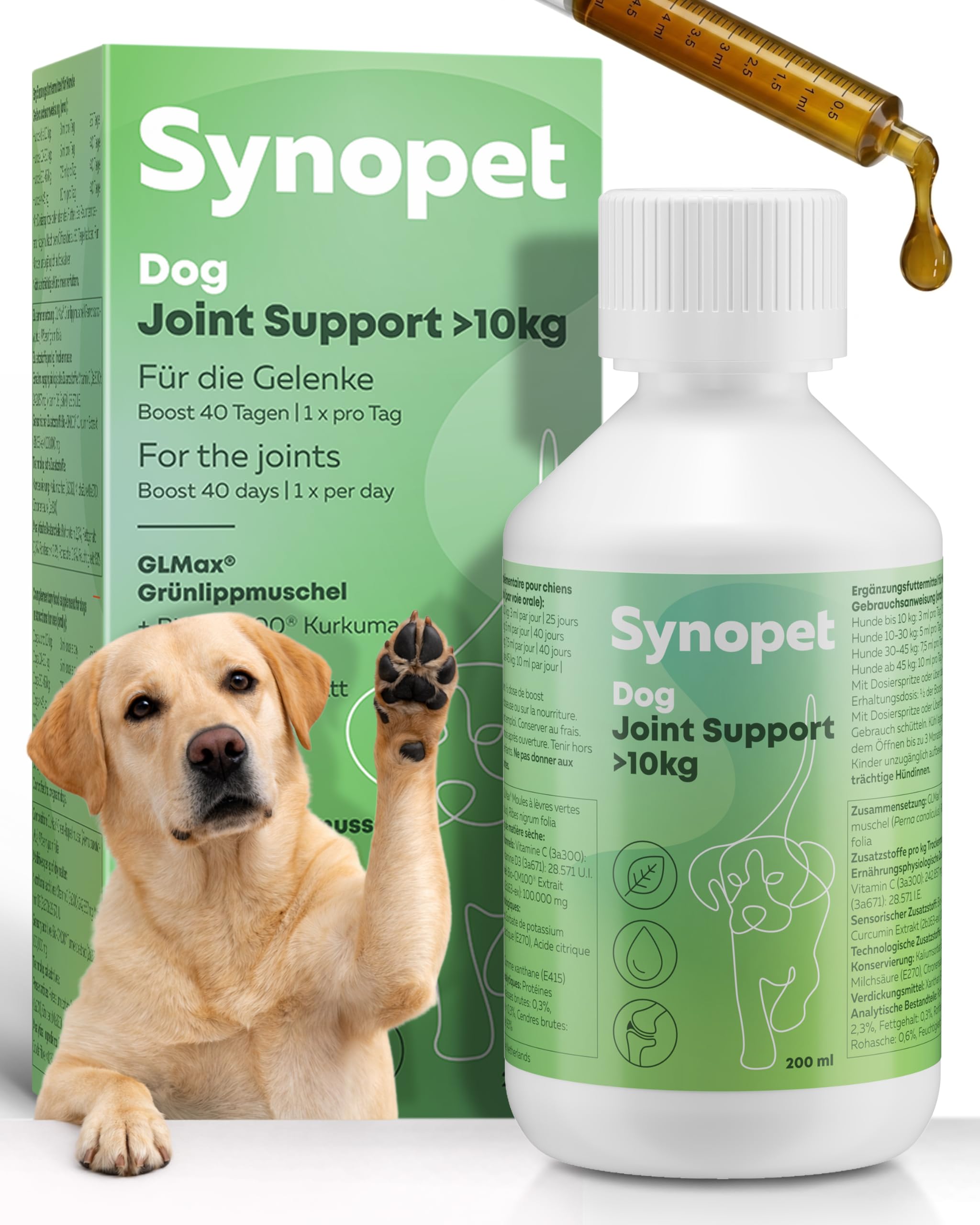 Dog Joint Support Grünlippmuschel Hund 200 ml I Flüssiges Gelenkpräparat für Hunde I Mit Curcumin & Schwarzem Johannisbeerblatt I Unterstützt Knorpel & Beweglichkeit