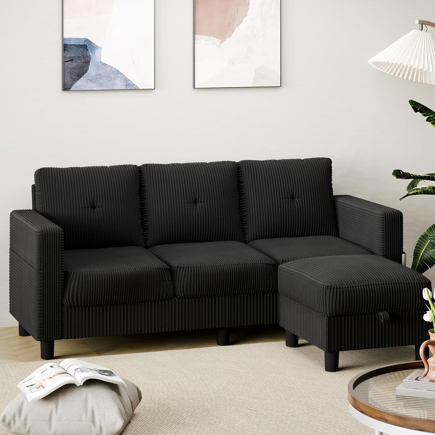 Shintenchi 76" Modern Upholstered Sectional Sofa, L-Shaped Couch with Storage Ottoman and Reversible Chaise for Living Room, Black Linen Fabric
