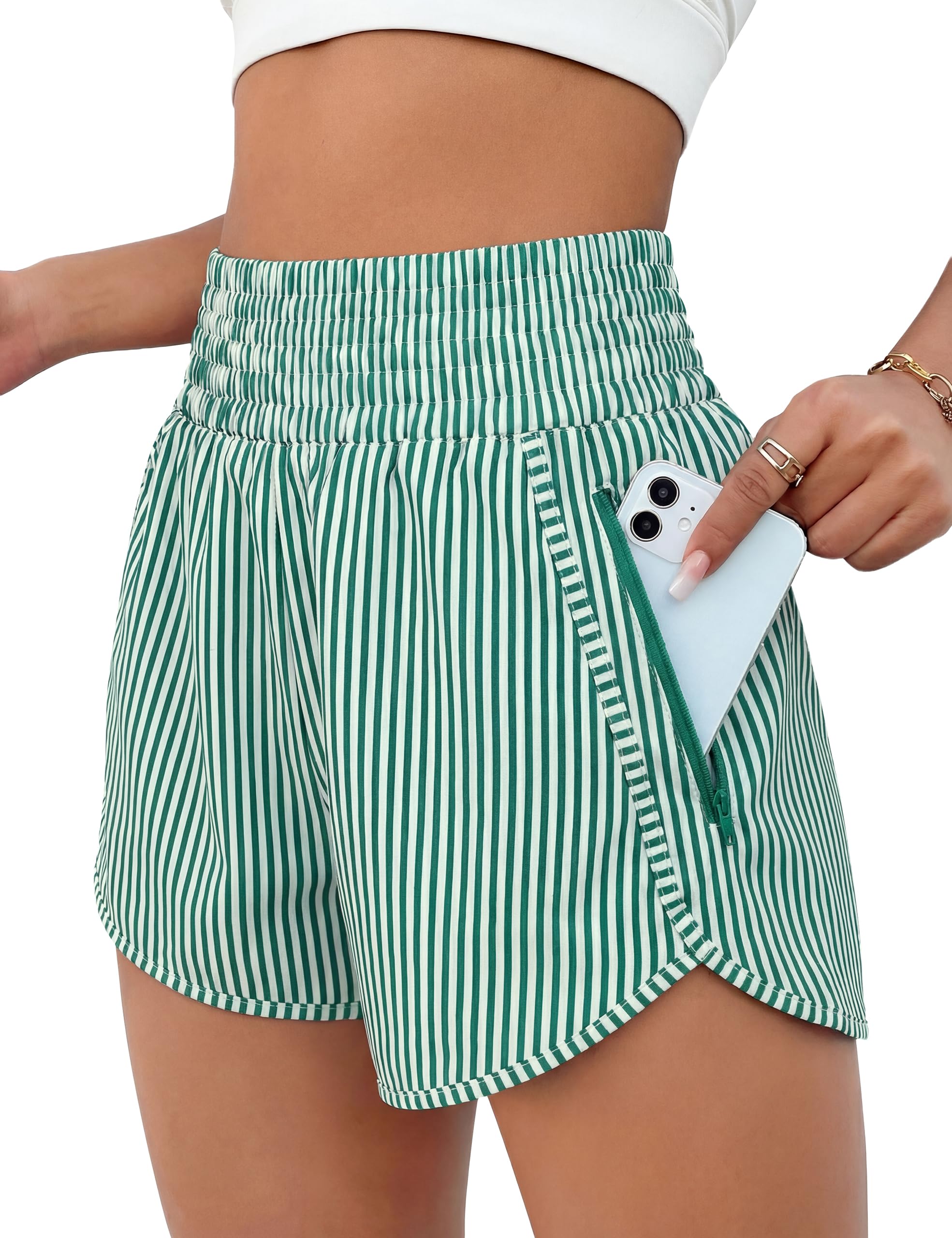 BMJL Women's Athletic Shorts High Waisted Running Short Pocket 2.5" Sporty Shorts Gym Workout Shorts Large Green Striped