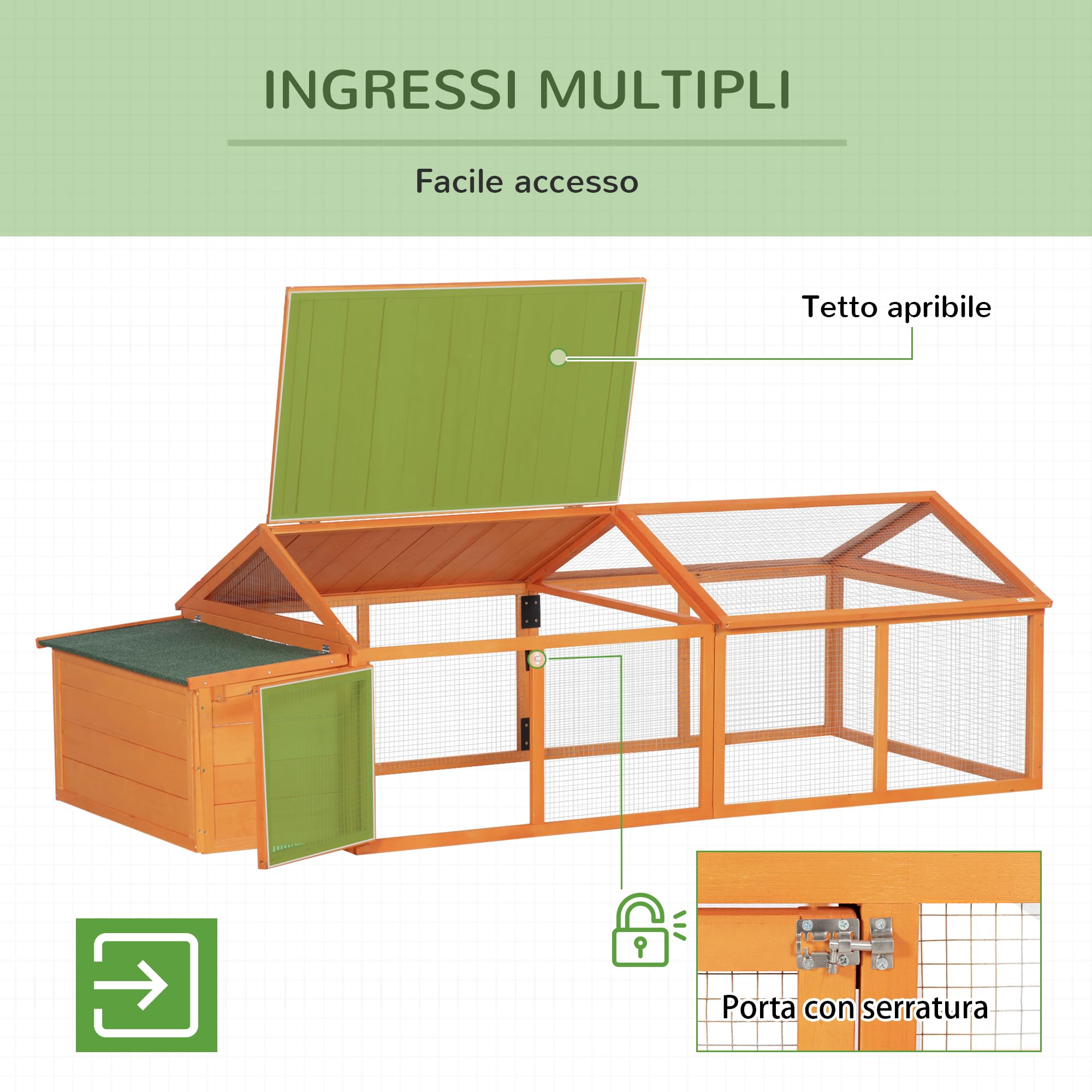 PawHut Grand poulailler XXL 240cm en Bois pour 4-8 Poules - Cage à Poules Design Moderne à 2 Zones avec Double nichoir - Toit ouvrant, Porte verrouillable, 240 x 112,5 x 76 cm, Orange