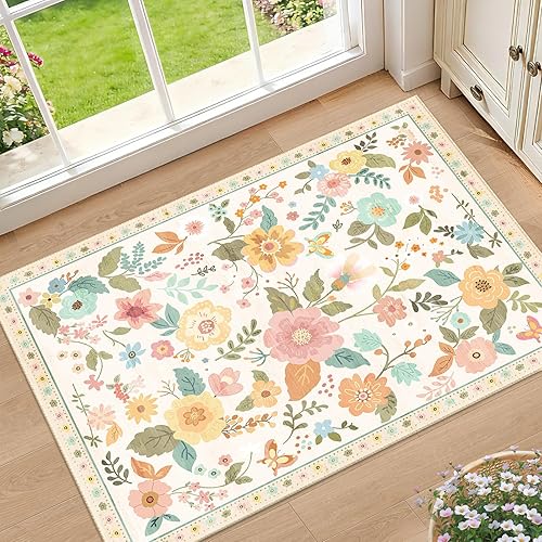 Floral Nursery 2x3 Area Rugs Washable Print Boho Cute Carpet Non Slip Flower Low Pile for Living Room Kids Girls Playroom Bedroom Kitchen Office Farmhouse-Beige/White/Orange