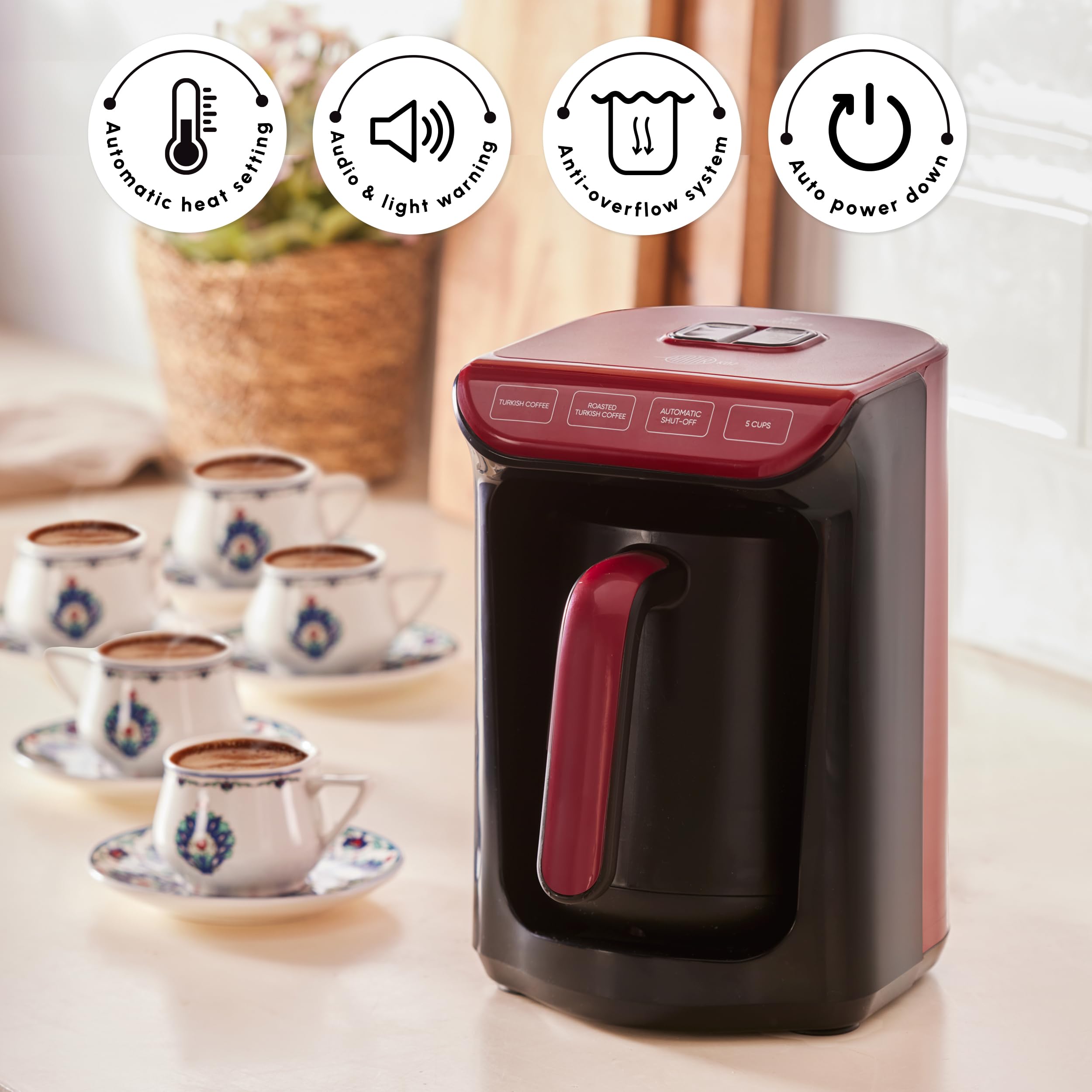Karaca Hatır Roast turecki ekspres do kawy, czerwony, pojemność 5 filiżanek, duża ilość piany, 535 W, system ostrzegania głosowego, system ostrzegania przed światłem, miarka, łatwe czyszczenie