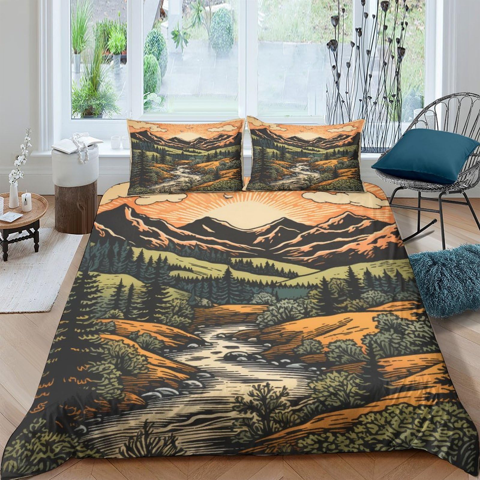 Housse de couette paysage de montagne vintage pour adultes et enfants avec parure de lit 3D