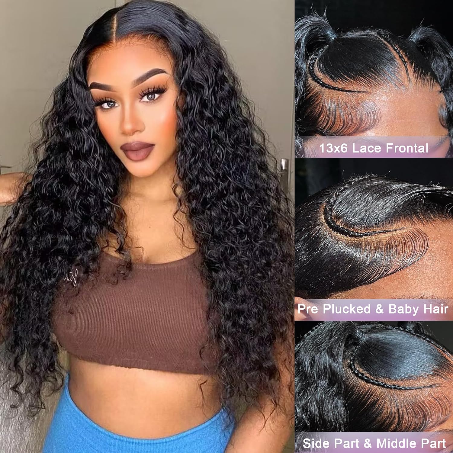 HD Transparent Lace Frontal Wigs Human Hair Deep Wave Wig 13x6 Lace Front Wigs Human Hair Pre Plucked 180 Density Curly Wigs for Black Women Natural Hairline Natural Color 24 Inch