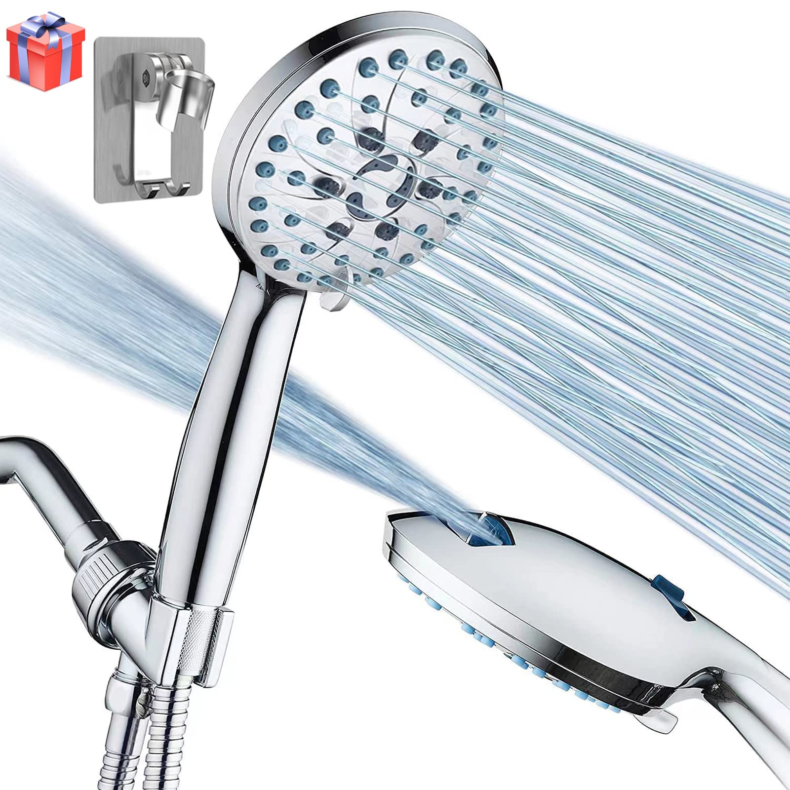 High Pressure 7-mode Shower Head with Handheld - Anti-clog Nozzles, Water Saving Spray Powerful Rain Showerhead with 79" Long Hose and Adjustable Joint Holder & No Drilling Wall Brackets (Chrome)