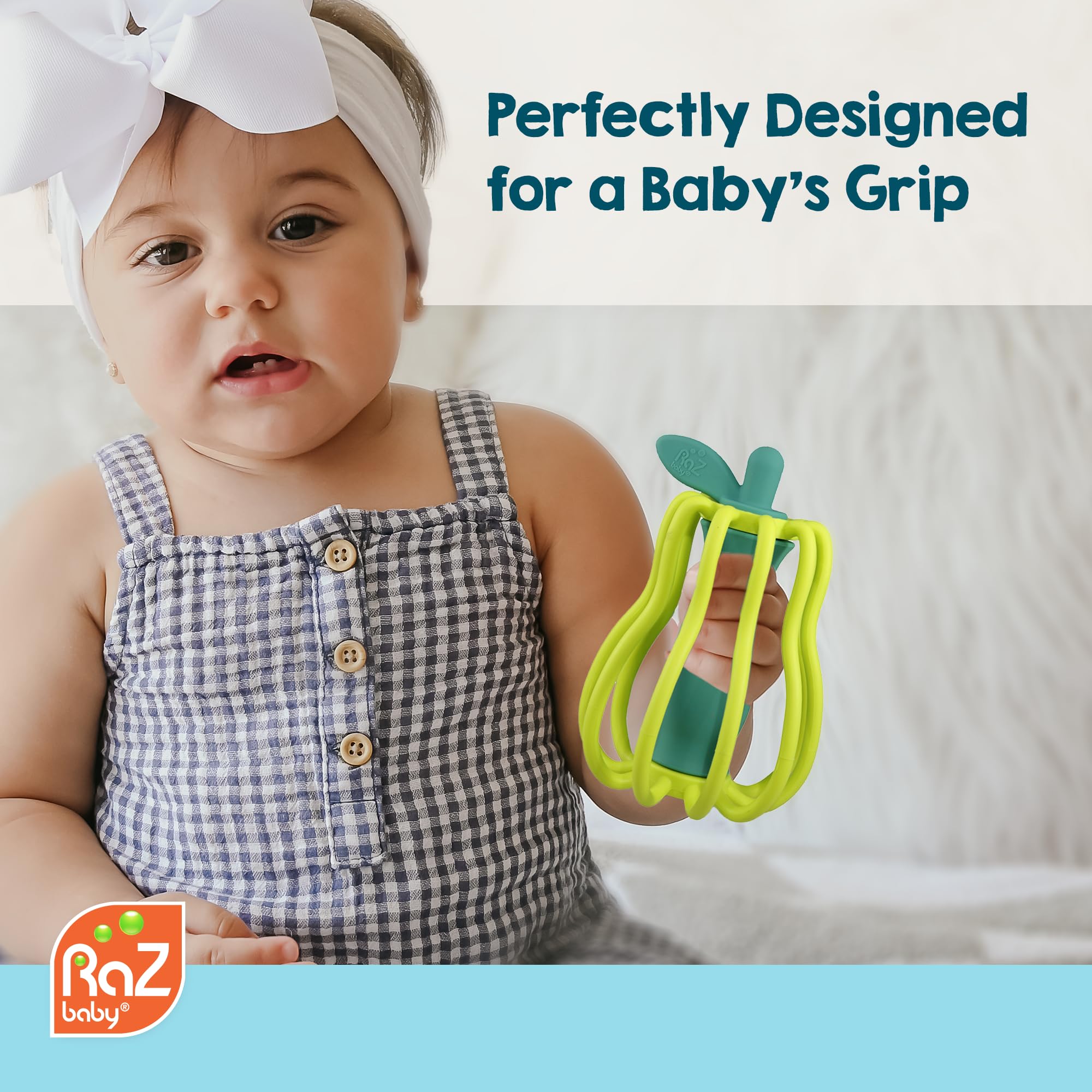 RaZbaby RaZ-Pear Silicone Teether & Rattle Toy – Soft, Flexible & Easy to Hold, Soothing Sounds for Entertainment, Textured for Teething Relief, Nipple-Shaped Stem for Comfort – BPA-Free, 3M+