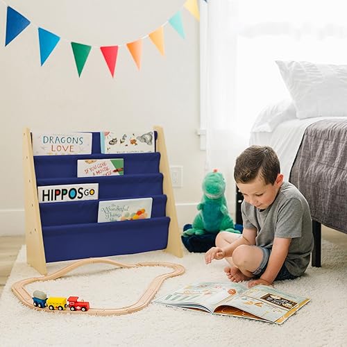 Miniatura 74 de Wildkin Estantería de madera para niños, diseño de lona premium con 4 estantes de tela, organizador para el hogar o el aula, natural con aguamarina