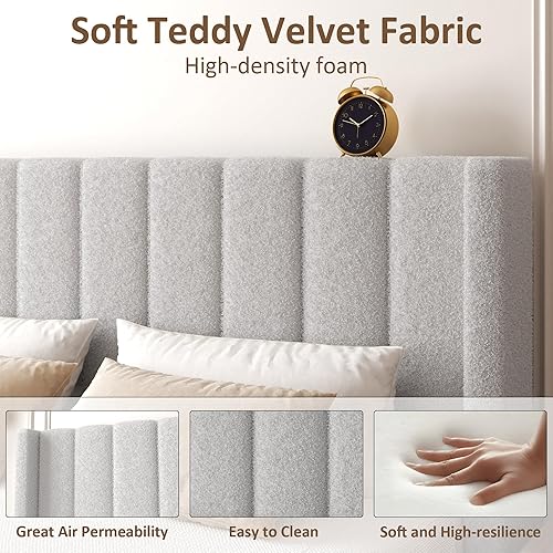 Miniatura 4 de Marco de Cama Queen con Cabecero Tapizado Marco de Cama de Plataforma con Cabecero de Terciopelo Teddy, Soporte de Listones de Madera/Diseño de