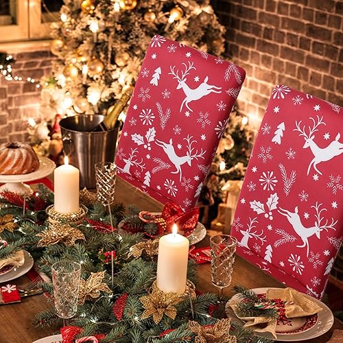 Miniatura 5 de Alynsehom 4 fundas para sillas de Navidad, fundas elásticas rojas para sillas de comedor, diseño de copos de nieve, fundas protectoras para sillas