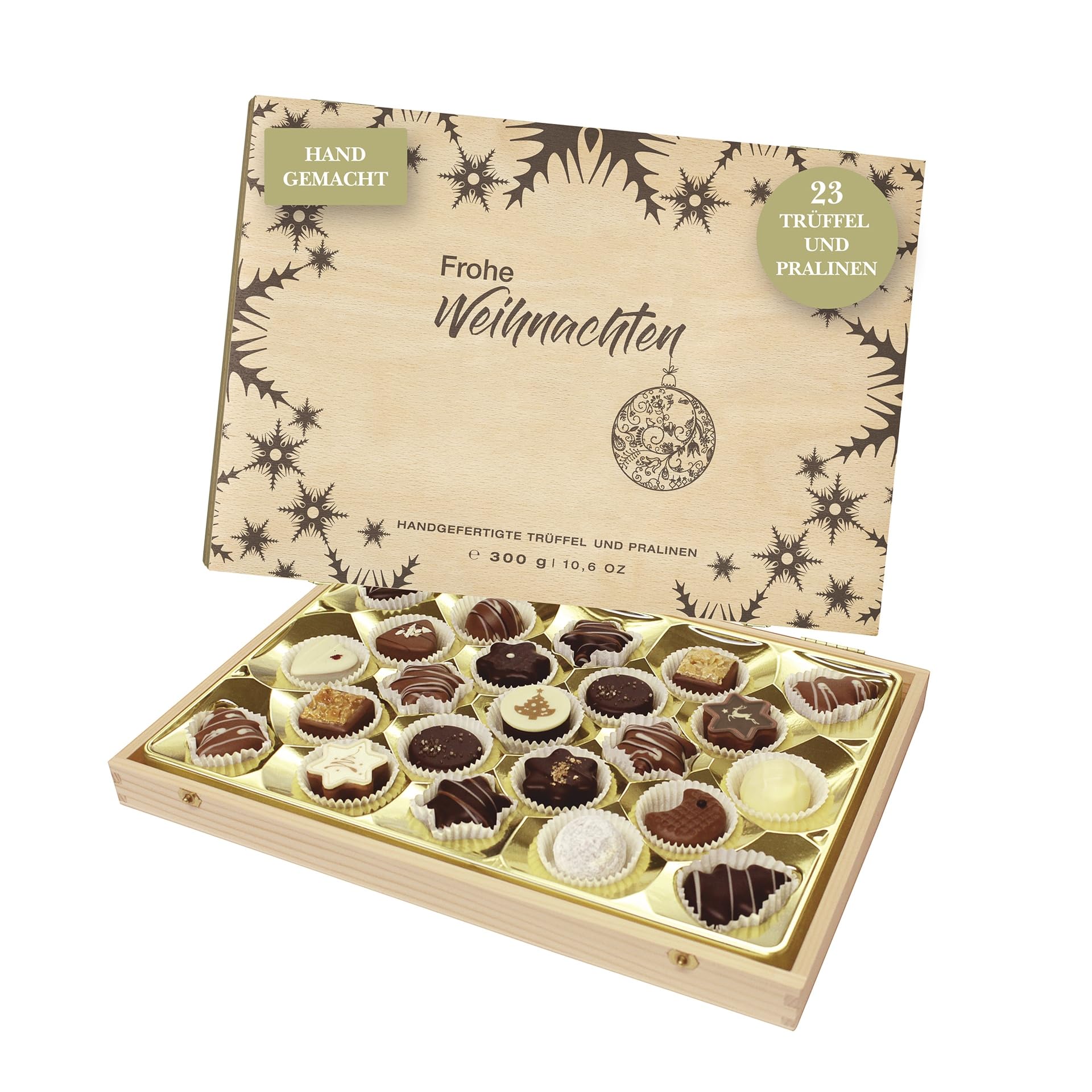 Lauensteiner - Cofre del tesoro navideño, 300 g, trufas y bombones, 16 modelos surtidos con y sin alcohol, regalo ideal para mujeres y hombres, pack de 1