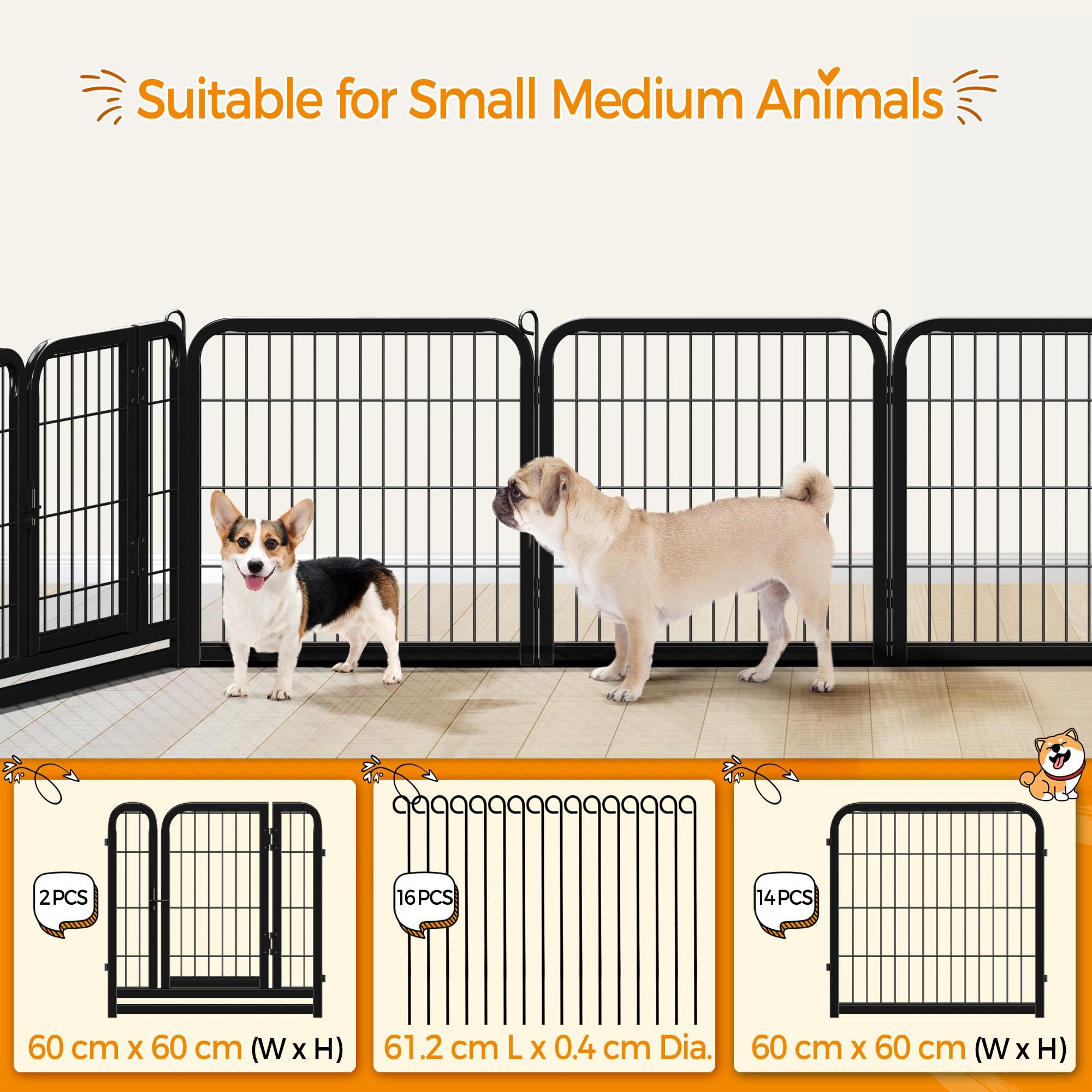 Abician Parc pour Chien en Métal 16 Panneaux avec Porte 60 cm Noir