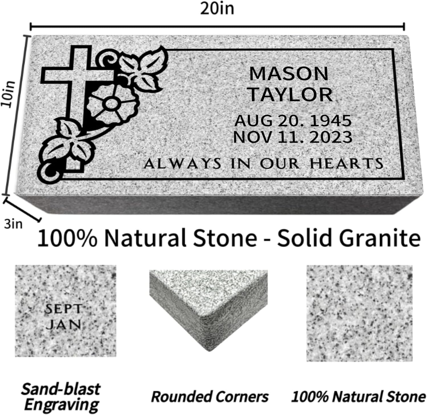 Head Stones for Cemetery for Humans - 20 x 10 x 3 inch-Memorial Stones headstones for Graves for Humans Grey Granite Grave Stones or Garden Grass Monument Includes Custom Engraving-Multiple Designs