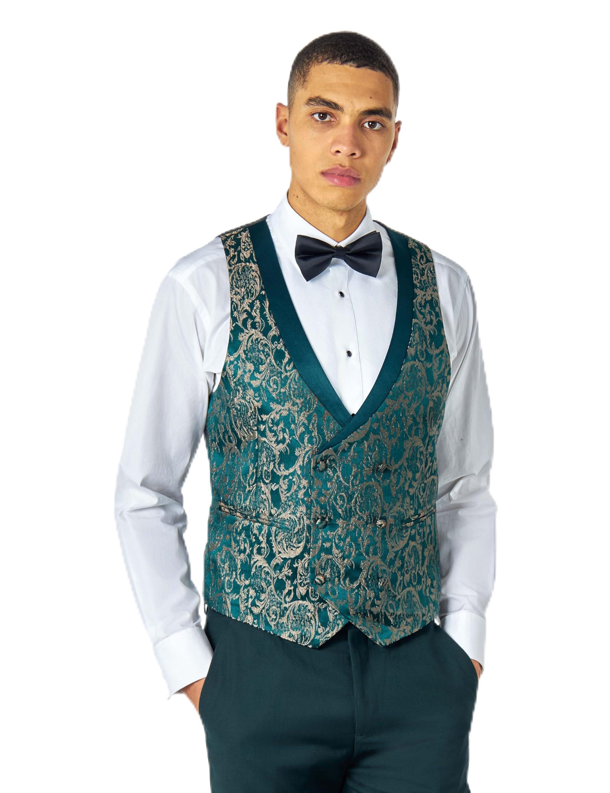 Xposed Men's Green Gold Damask Tuxedo Waistcoat Dinner Party Vest [Wc-V8231-A18-Louis-, Uk/Us 48 Eu 58]