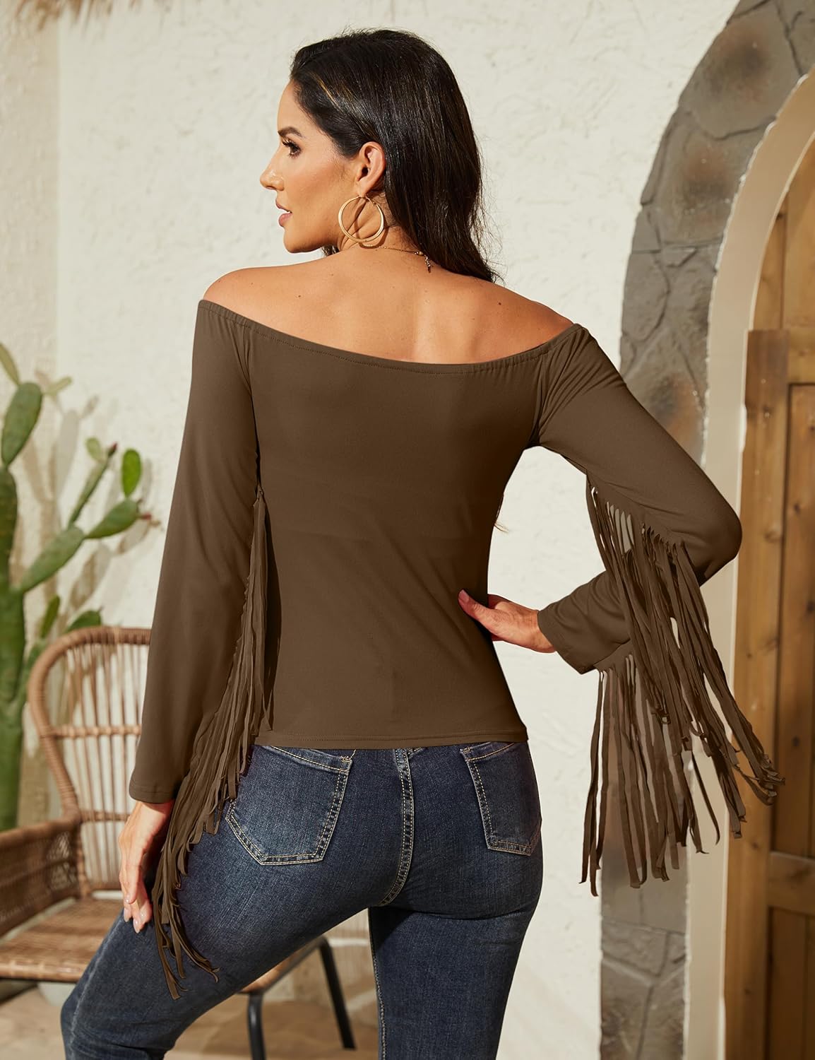 Fringe Tops for Women Western Cowgirl Off The Shoulder Fall Long Sleeve with Tassels Stretchy Crop Shirts Blouses - Image 5