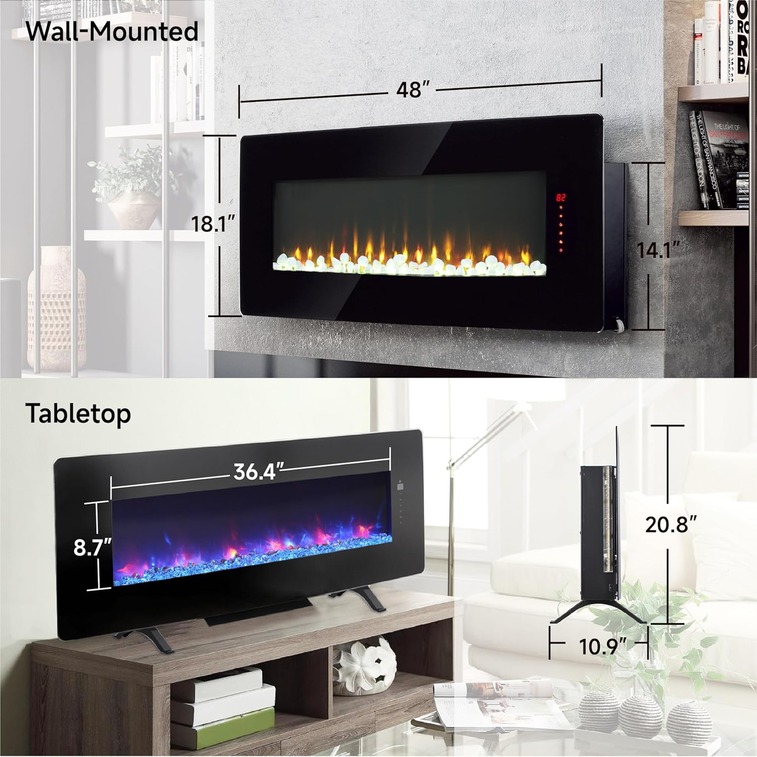 48" Curved Glass Electric Fireplace, Wall Fireplace Electric with Remote Control, 4 Adjustable Flame Colors, Wall Mounted/Freestanding, 1400W Fireplace Heater, Backlight, 3 Media Bed, Timer