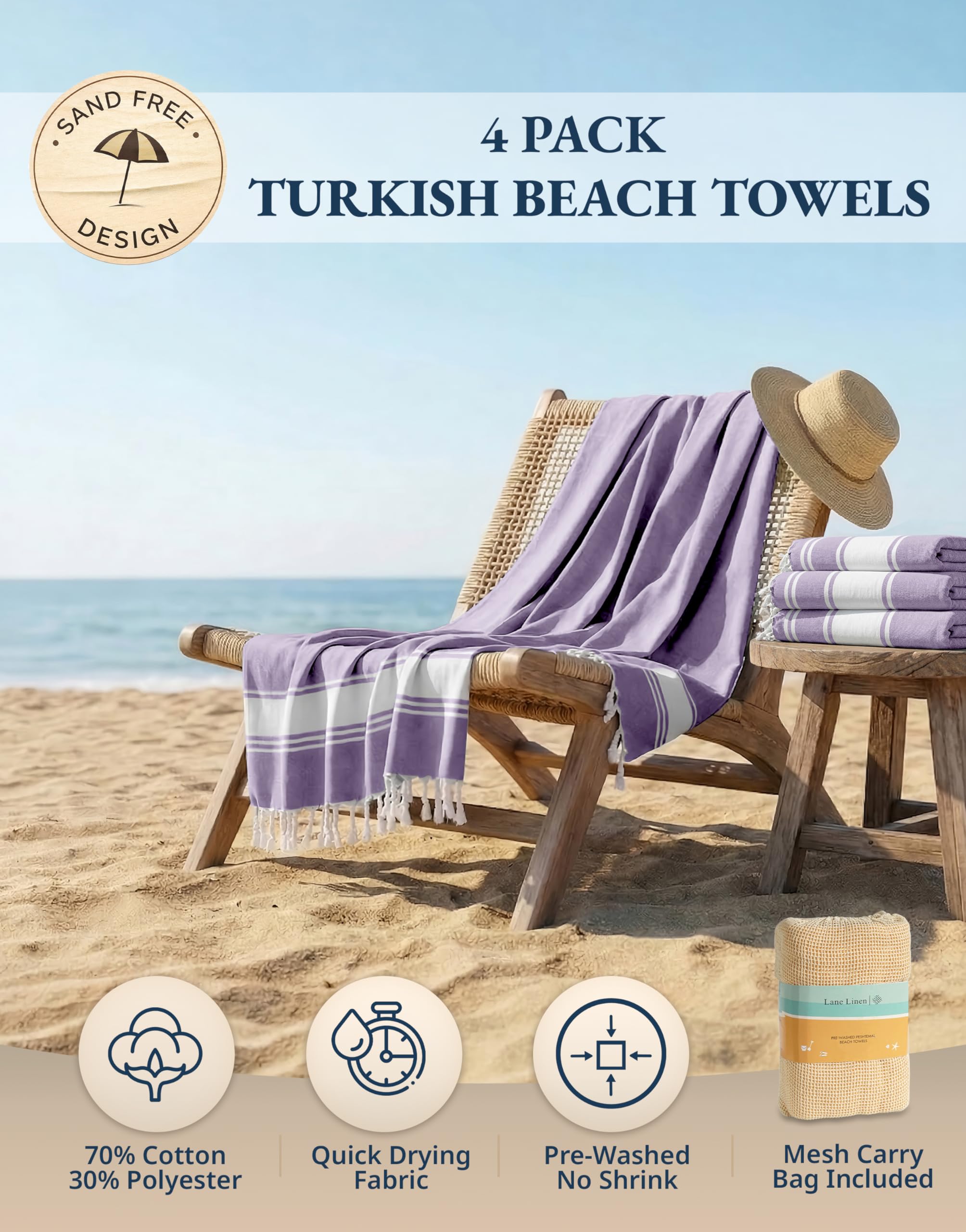 LANE LINEN Serviette de plage en 100% coton avec sac, lot de 4, dimensions 99 x 180 cm, absorbante pour piscine, extra large, à séchage rapide, serviette de voyage avec sable, motif orchidée royale