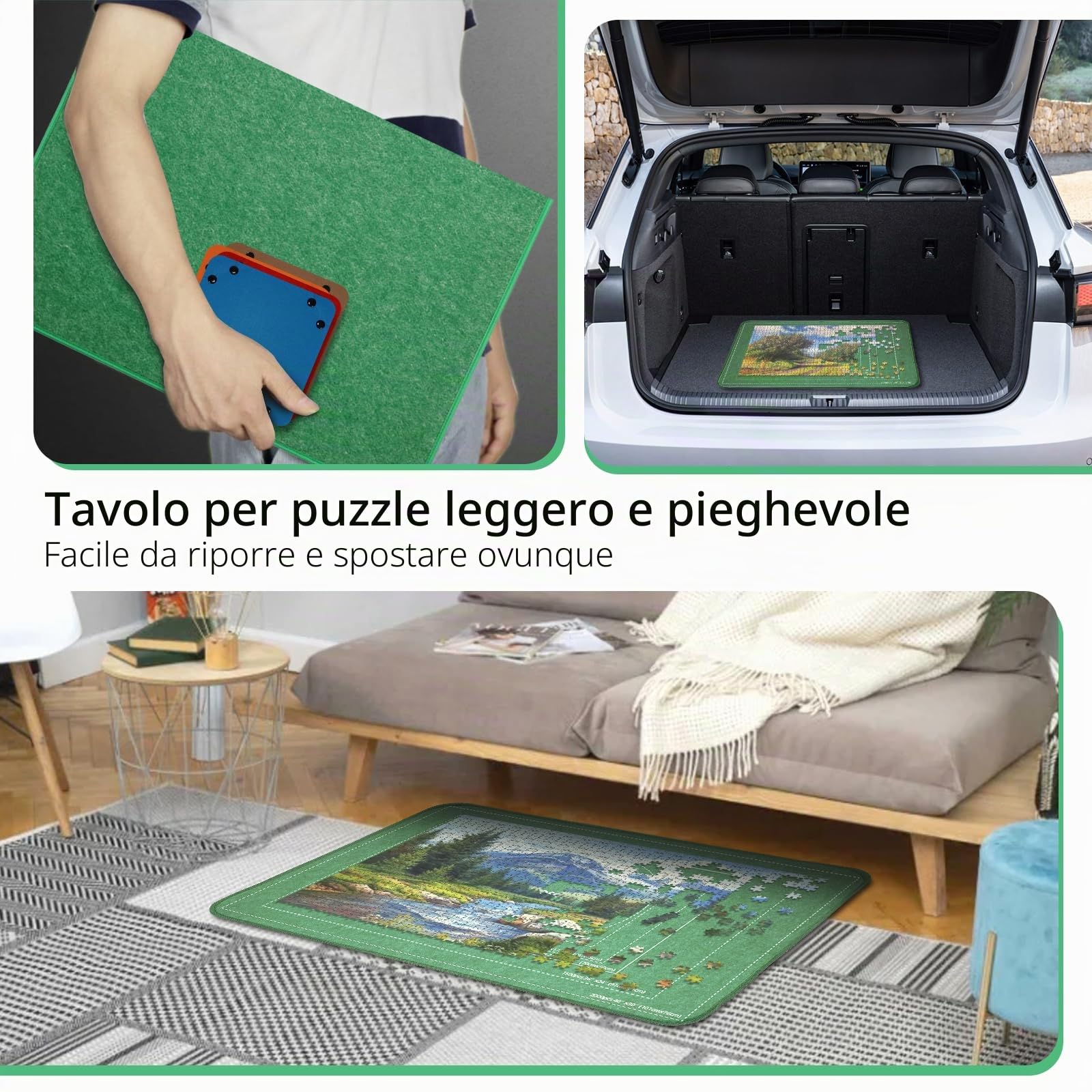 Tappetino pieghevole in feltro per un massimo di 2000 pezzi di puzzle, Tavola puzzle con 8 vassoi di ordinamento e copertura in feltro, Tappetino puzzle pieghevole