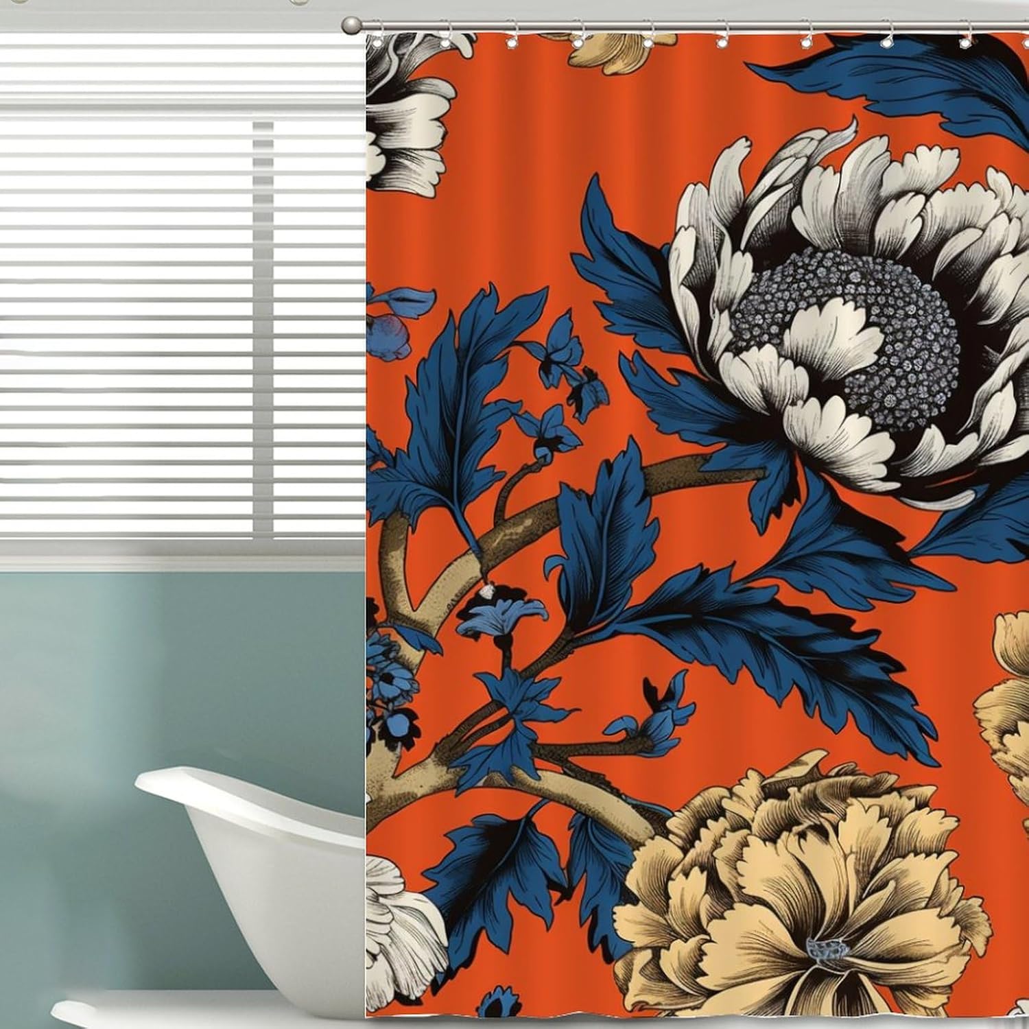 Chinoiserie Style Shower Curtain 72x90in Asian Persimmon Flower Shower Curtains Boho Shower CurtainShower Curtain Liner Polyester Fabric Shower Curtain Set with Hooks