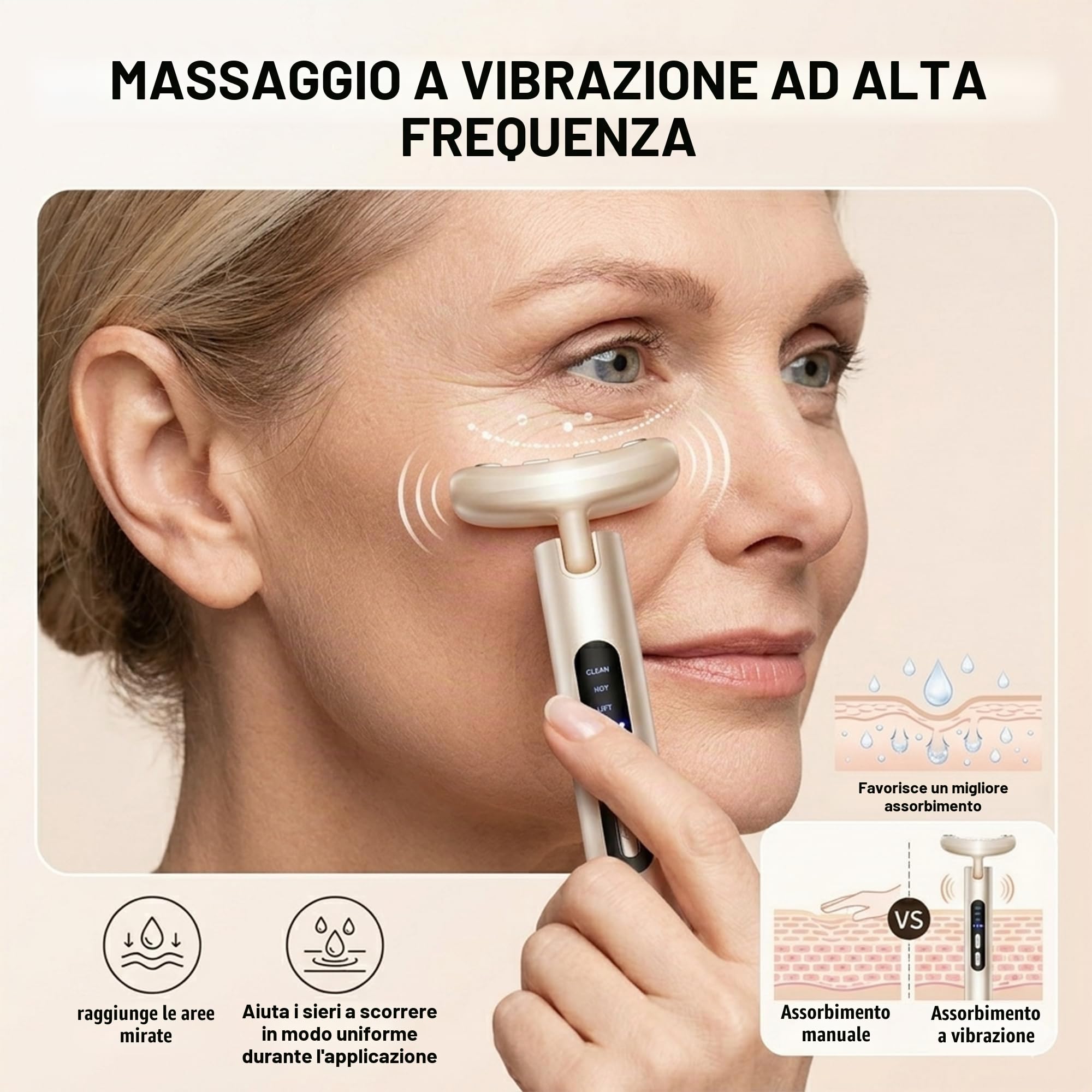 Dispositivo antirughe e antietà 9 in 1 con terapia a luce LED, massaggiatore elettrico per occhi EMS, calore e vibrazione, testina rotante a 90° per occhiaie, borse e linee sottili