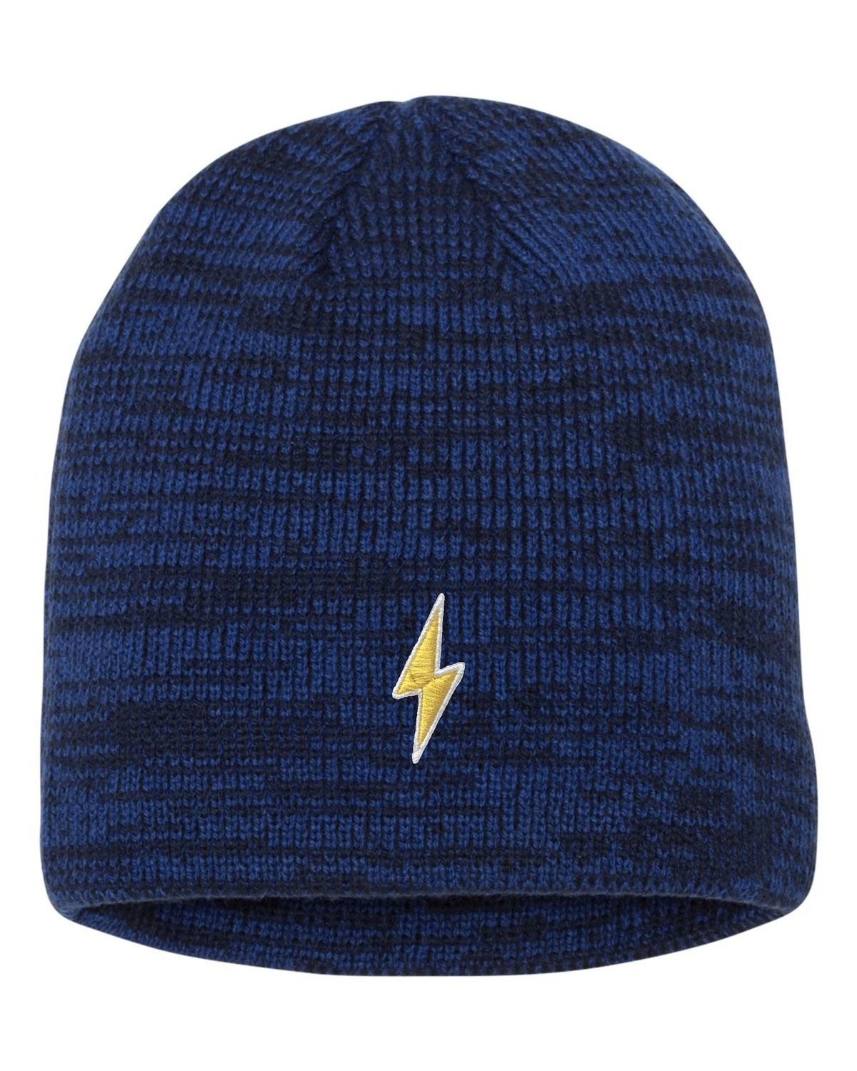 One Size Royal/Navy Marled Lightning Bolt Embroidered Knit Beanie Cap
