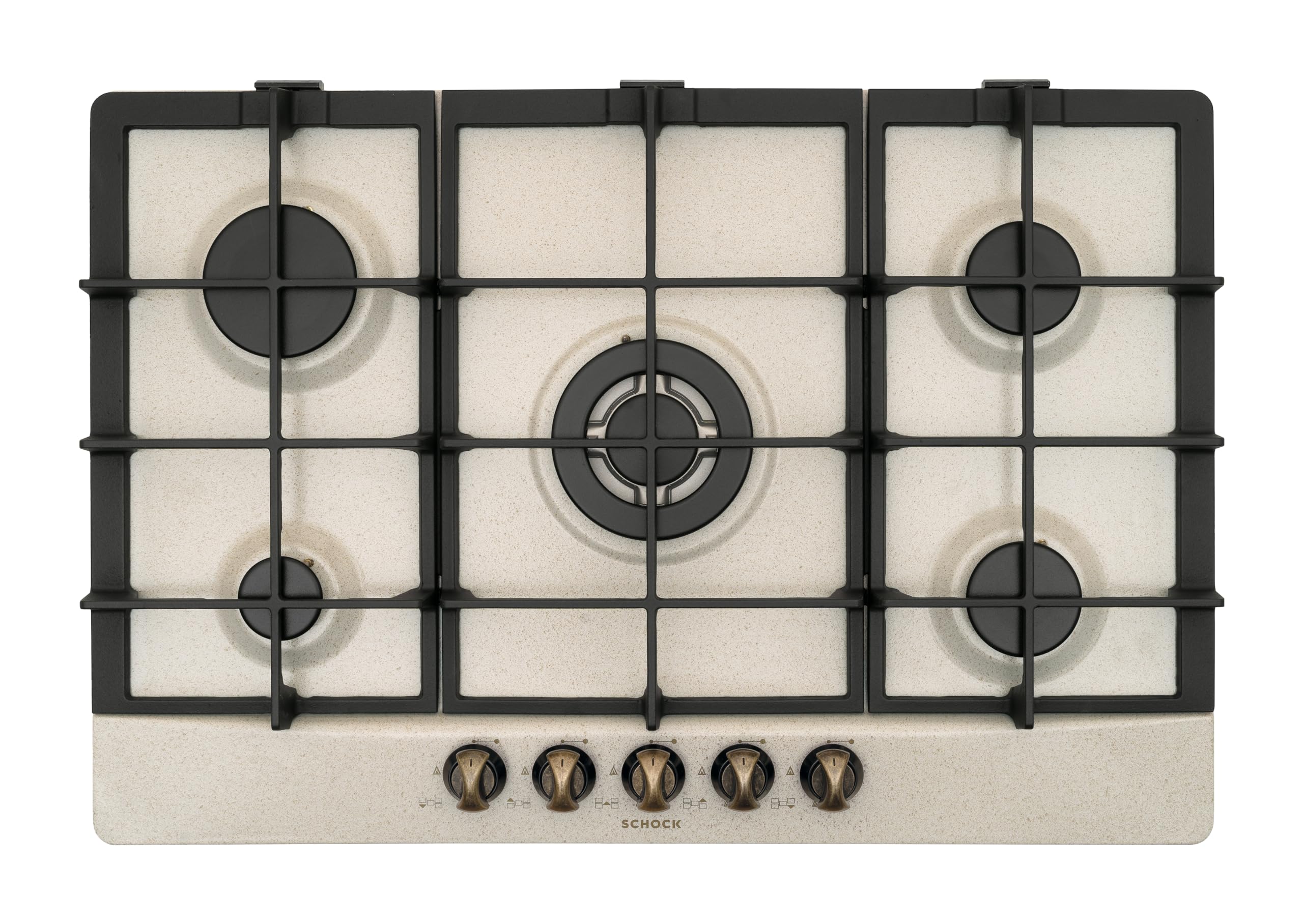 SCHOCK | Piano Cottura 5 Fuochi Gas Primus PC75 con Manopole in Metallo Anticate, Griglie in Ghisa, Valvole di Sicurezza, Avena, 740x500 mm