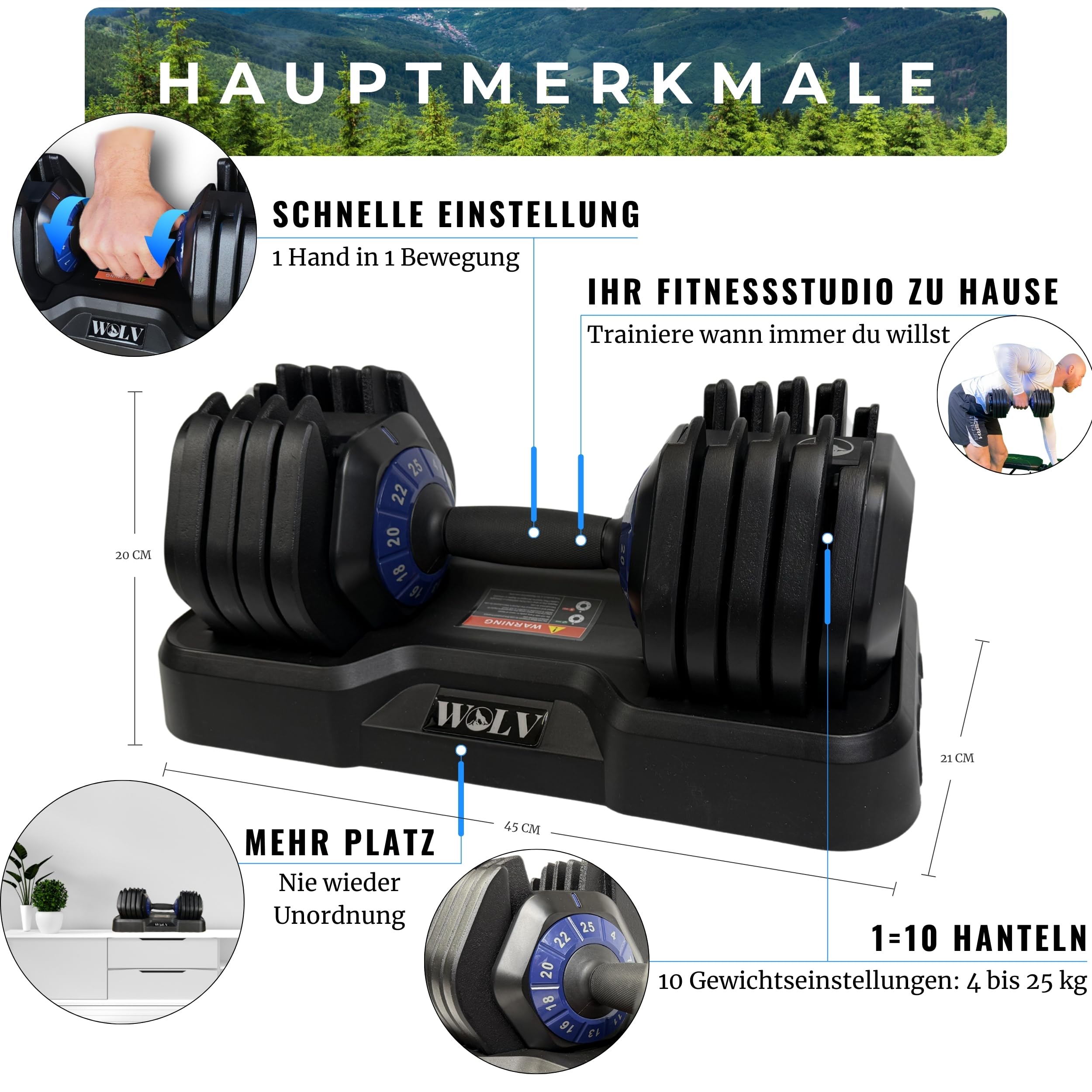 WOLV 25kg Verstellbare Hanteln – Einstellbare Hantel mit 10 Gewichtsstufen, Platzsparendes Design, Hanteln mit rutschfestem Griff, Perfekt für Zuhause, Fitnessstudio & Krafttraining