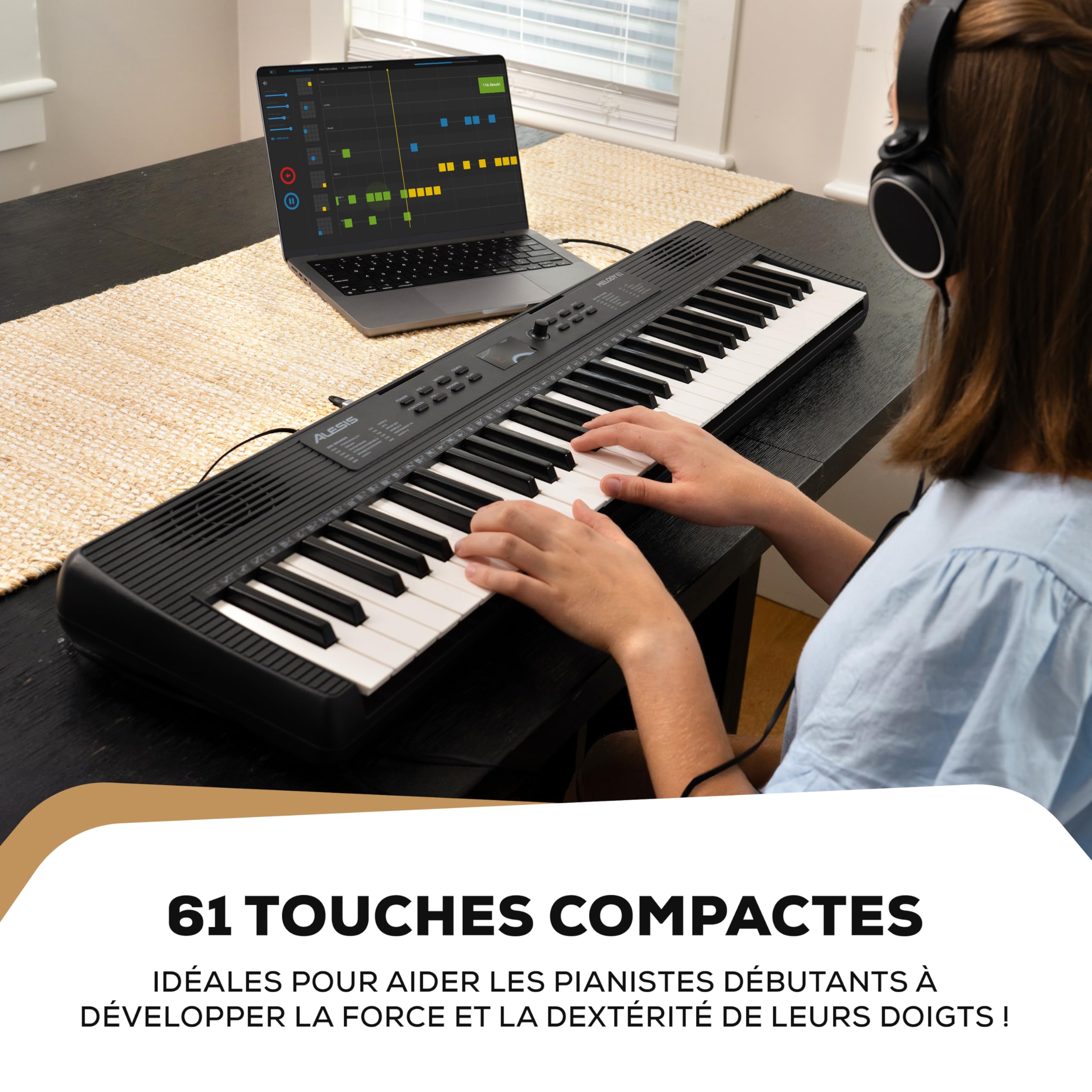 Alesis Melody 61 Piano Numérique 61 Touches pour Débutants avec Haut-Parleurs, Support, Banc, Casque, Pupitre, 300 Sons et des Leçons de Musique